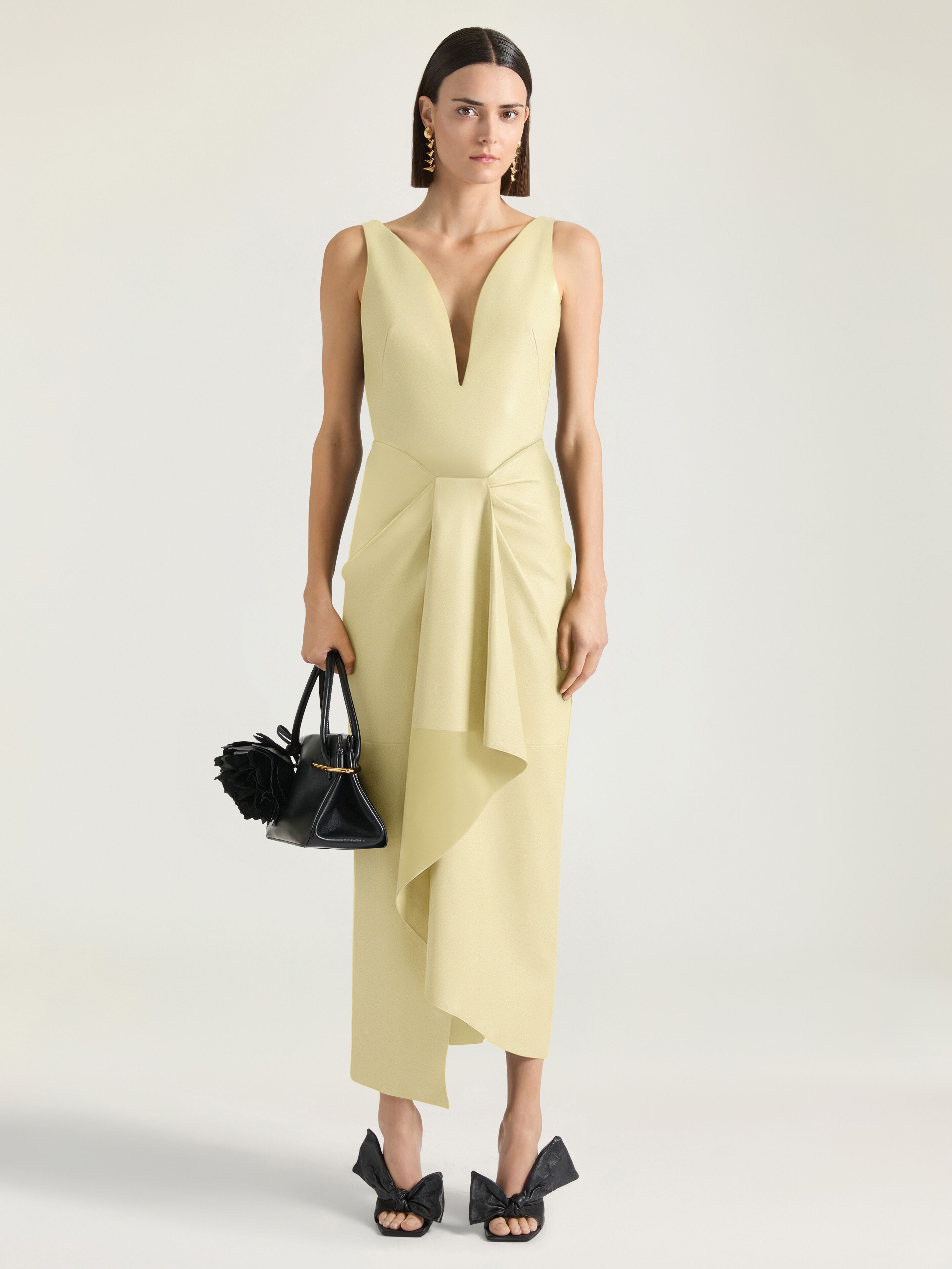 Long wrapped dress in leather in - pale yellow - BW22X2604J-740