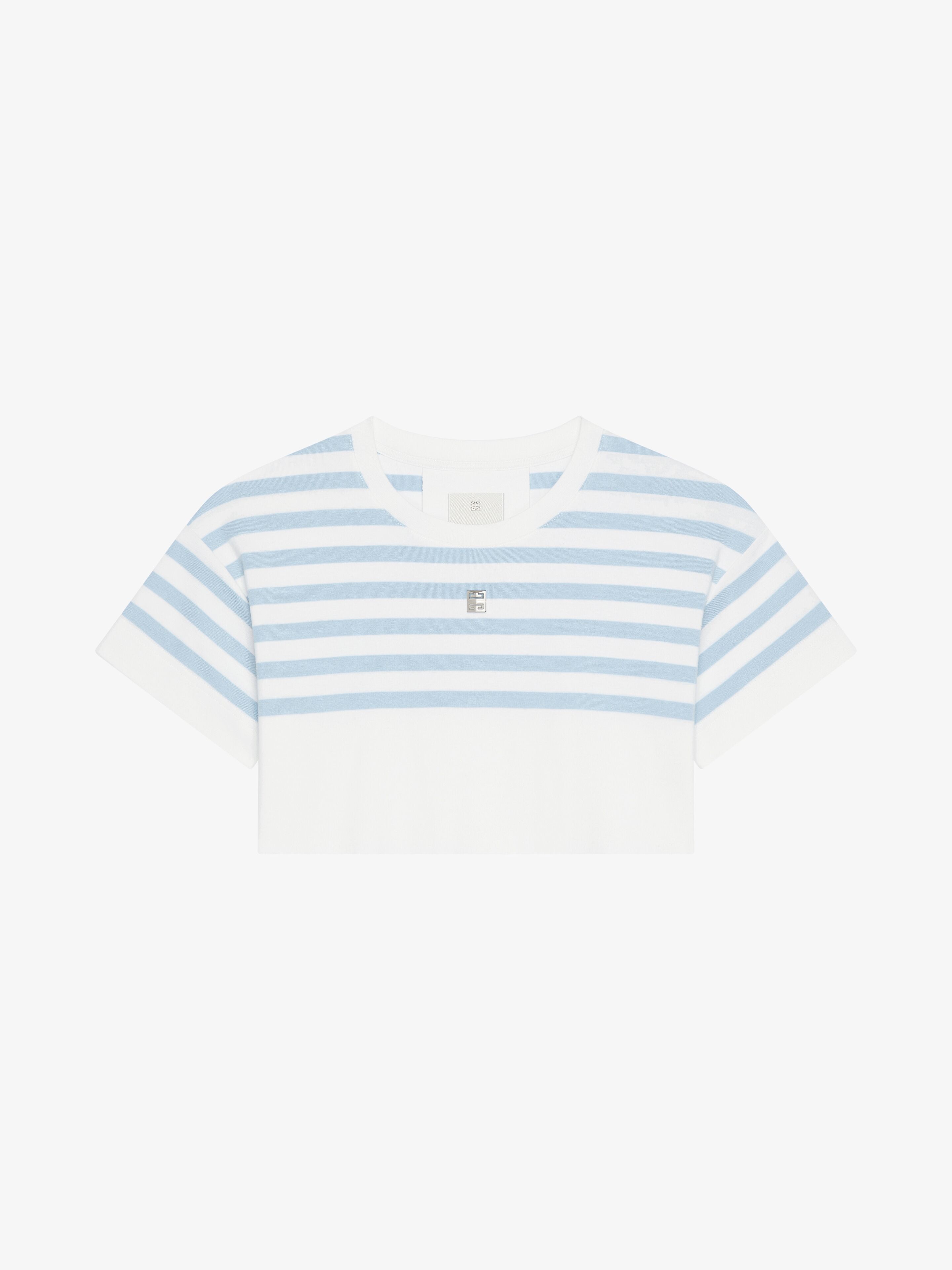 Shop Givenchy Striped Cropped T-shirt In Cotton 4g Detail In White/light Blue