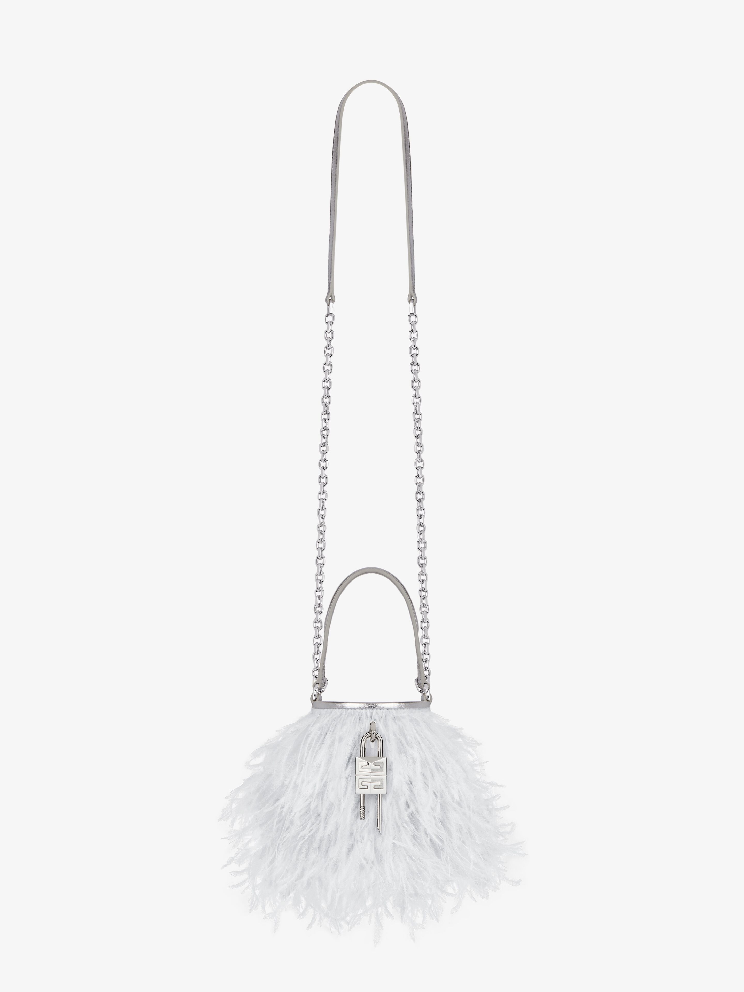 Micro Shark Lock bucket bag in satin with feathers in