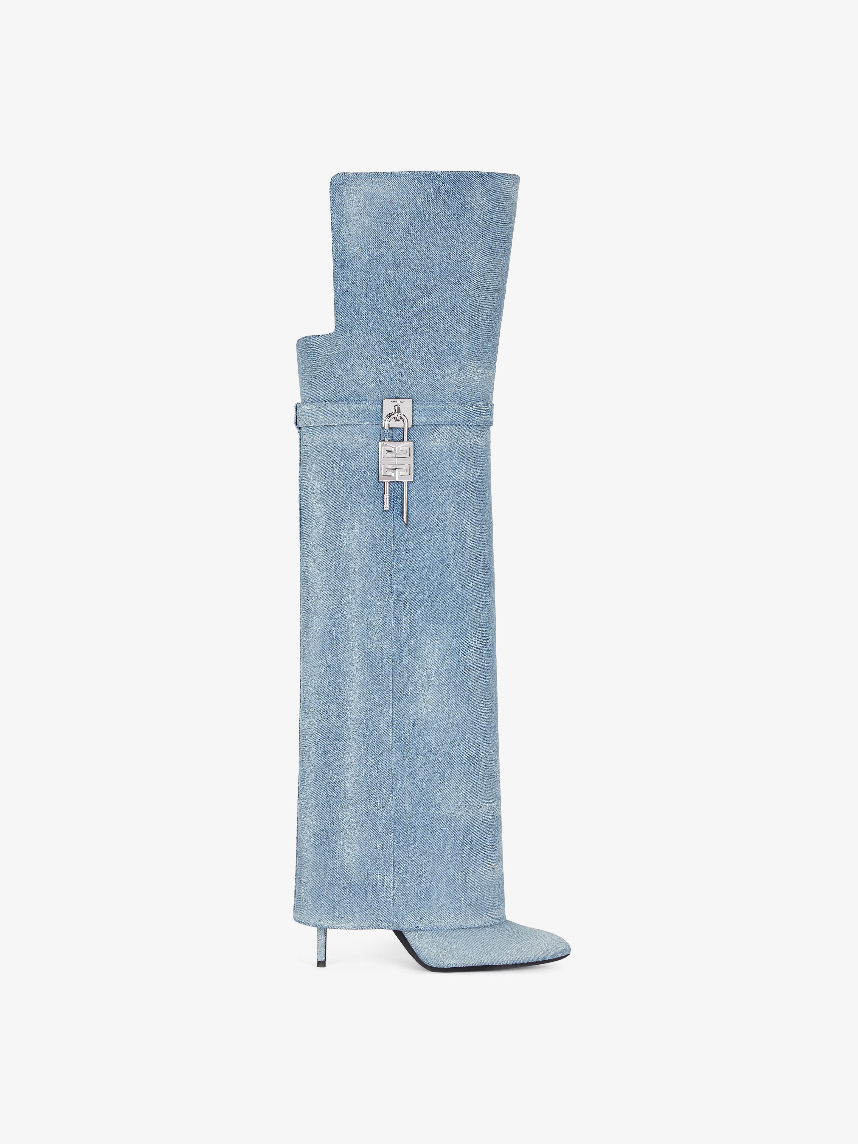 GIVENCHY SHARK LOCK STILETTO OVER-THE-KNEE BOOTS IN WASHED DENIM