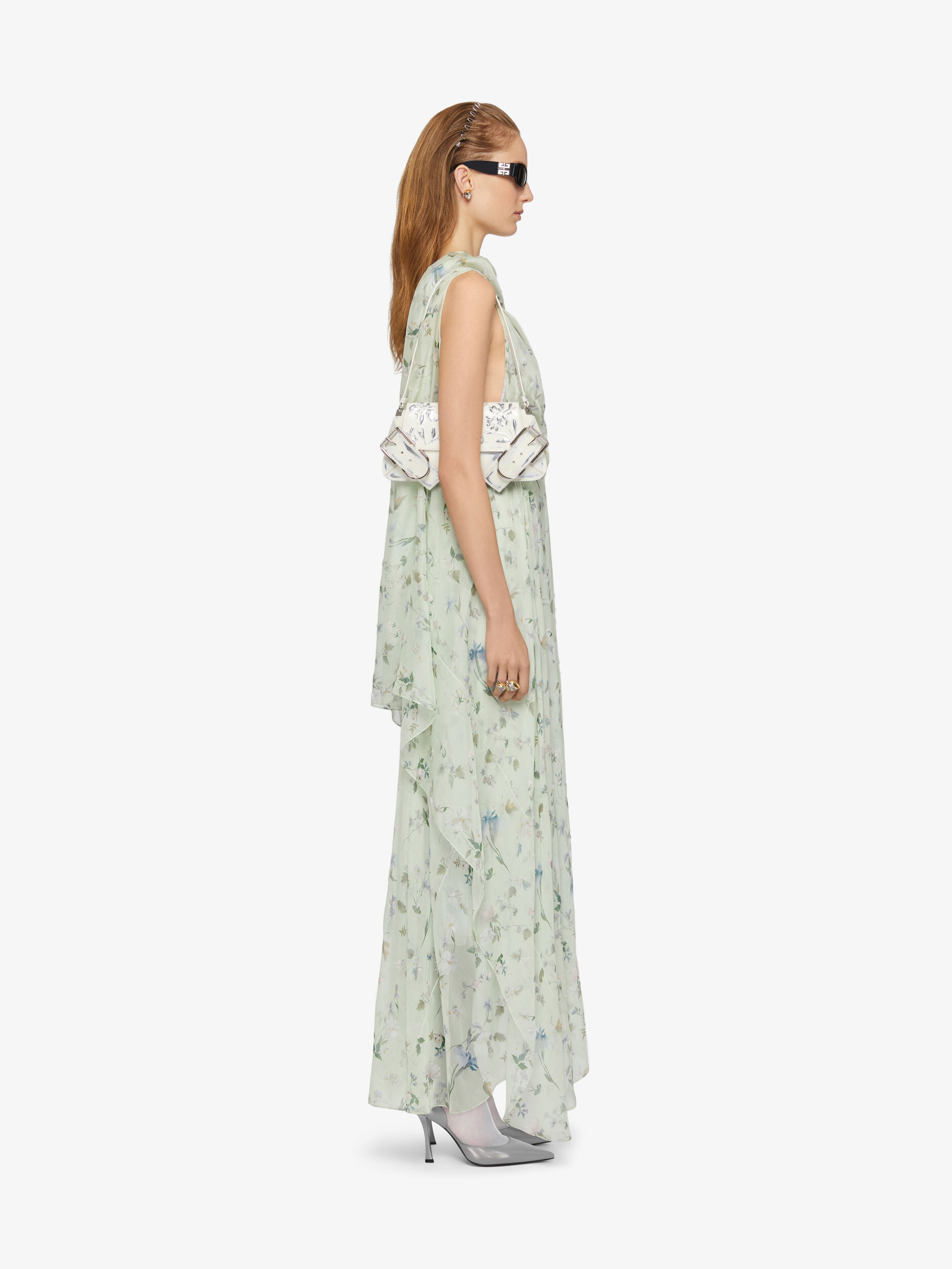 Printed draped dress in silk chiffon with lavallière