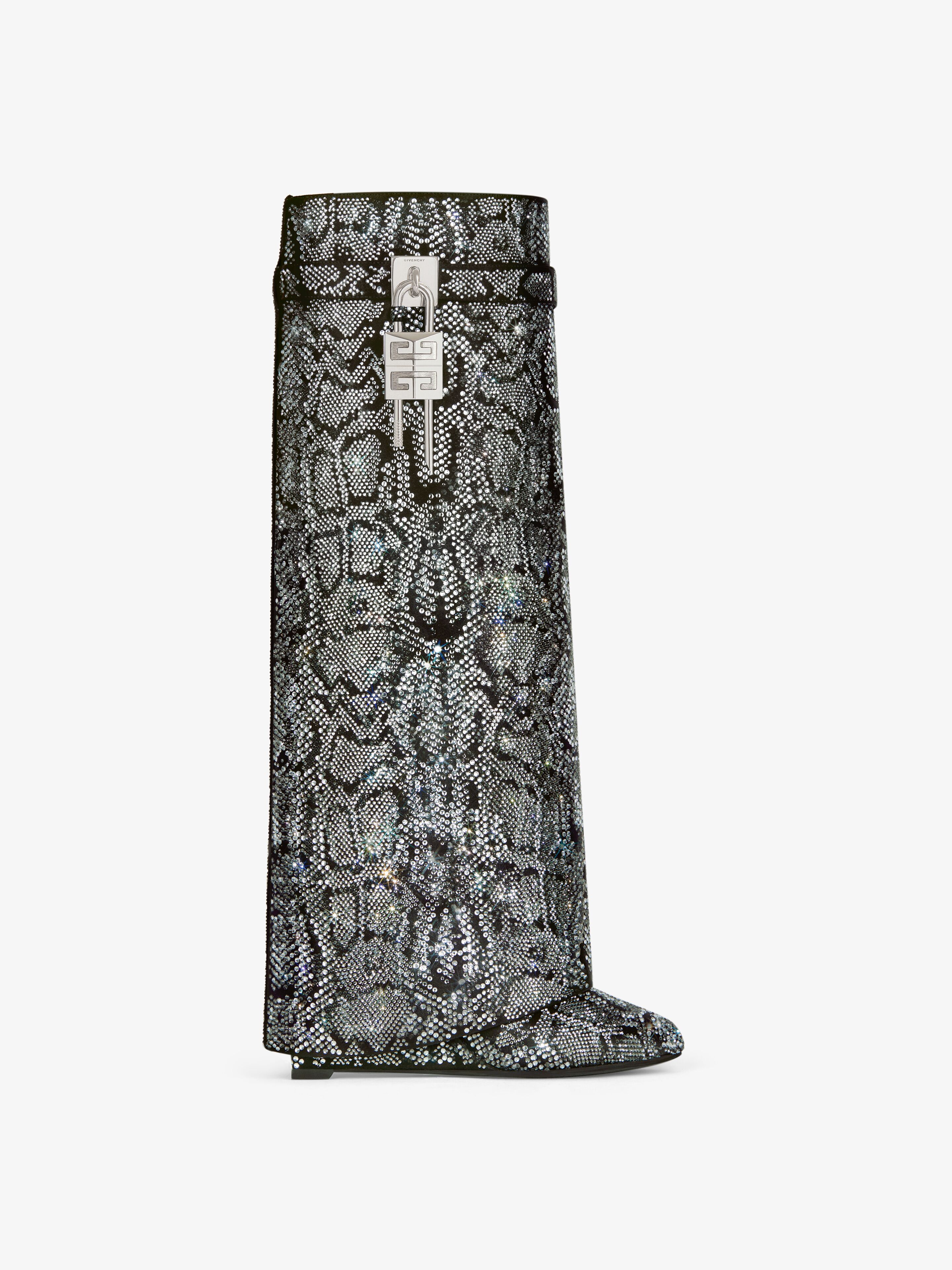 Shop Givenchy Shark Lock Boots In Satin With Python Effect Strass In Grey/natural