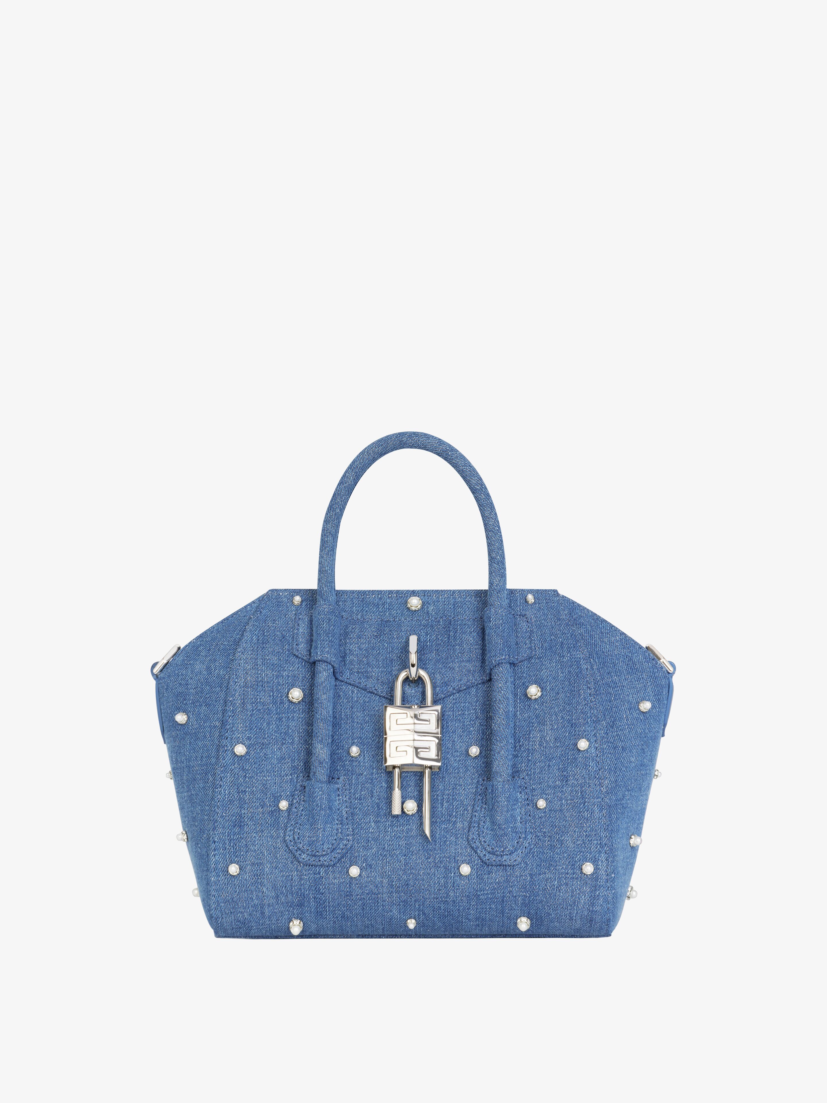 Shop Givenchy Mini Antigona Lock Bag In Denim With Pearls In Multicolor