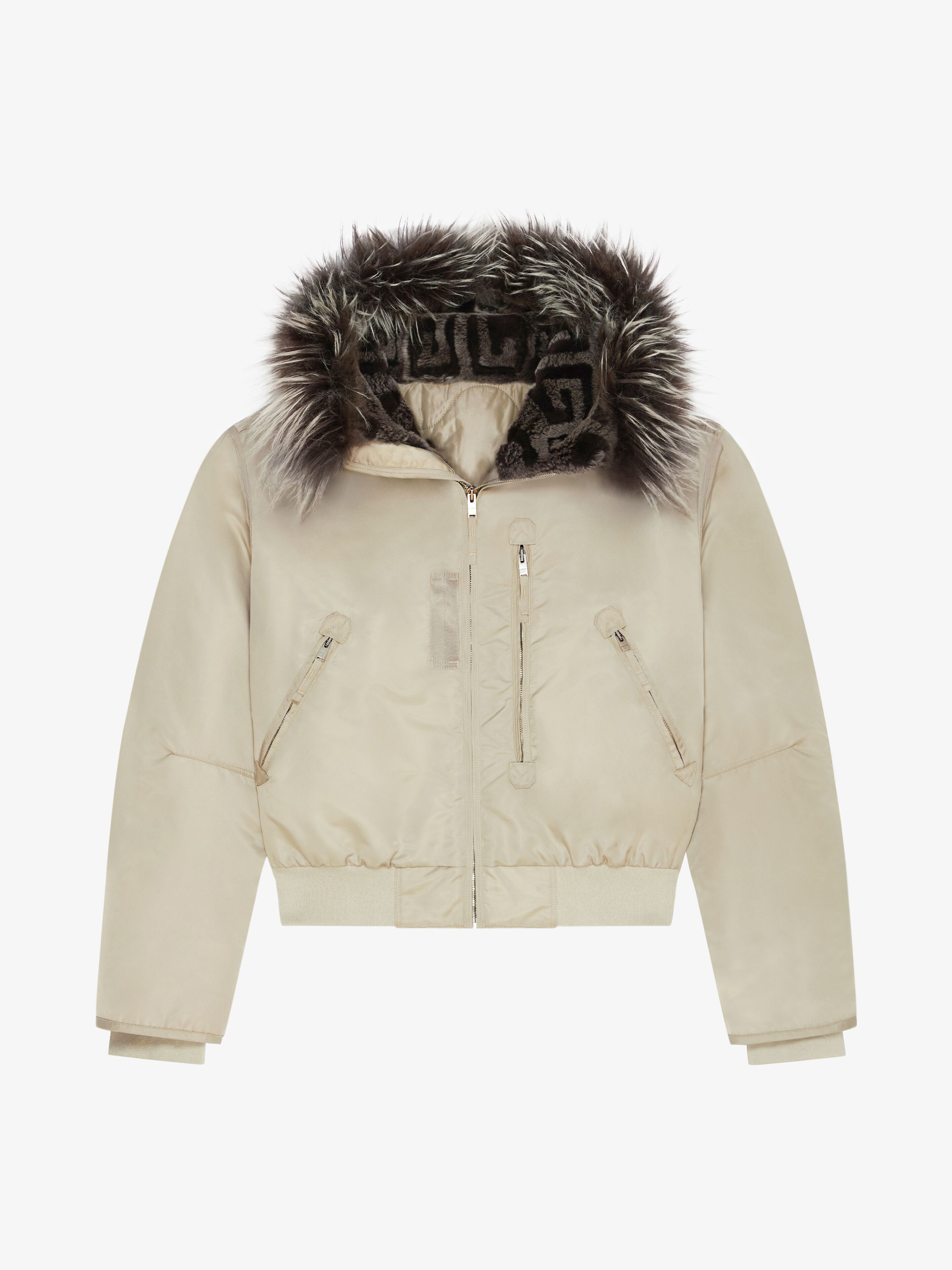 Shop Givenchy Cropped Bomber Jacket With 4g Fur Hood In Mastic
