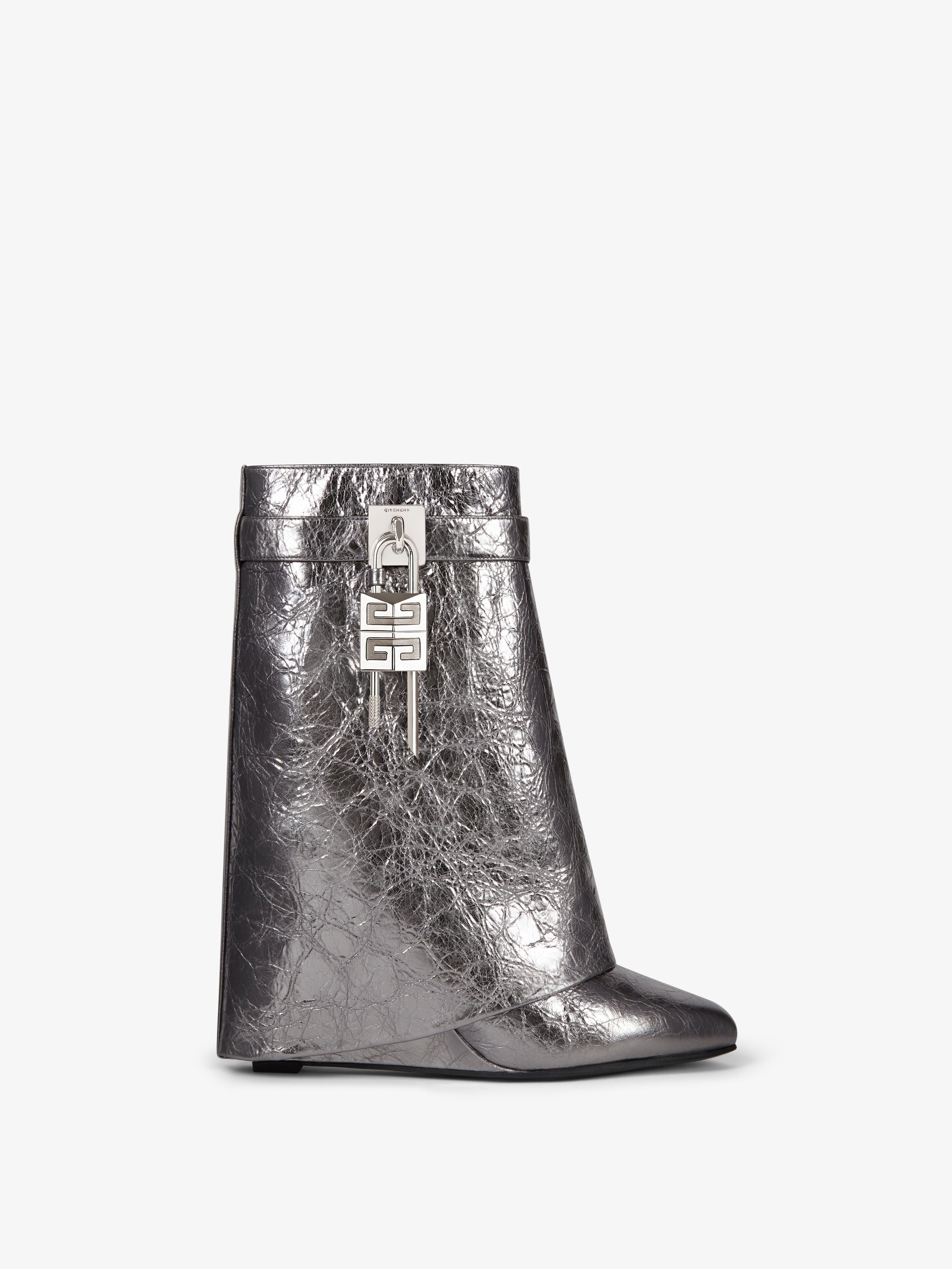 Shop Givenchy Shark Lock Ankle Boots In Laminated Leather In Silvery Grey