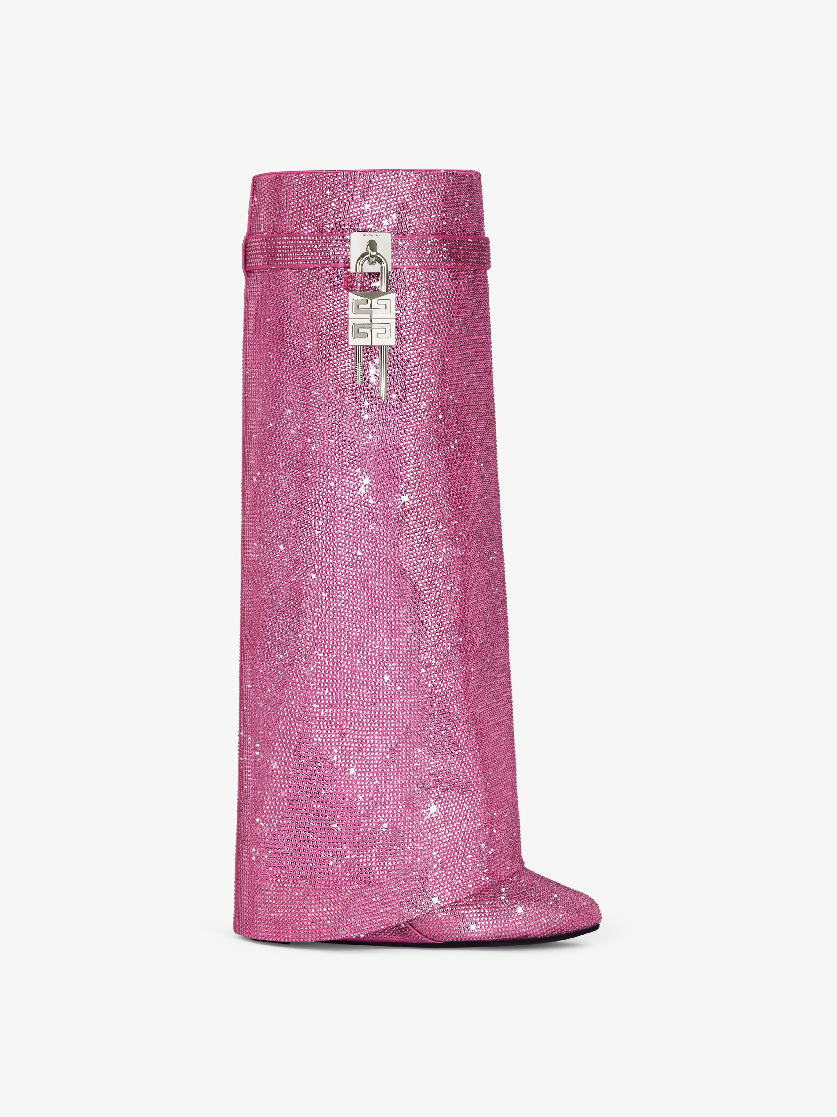 Shop Givenchy Shark Lock Boots Wide Fit In Satin With Strass In Neon Pink