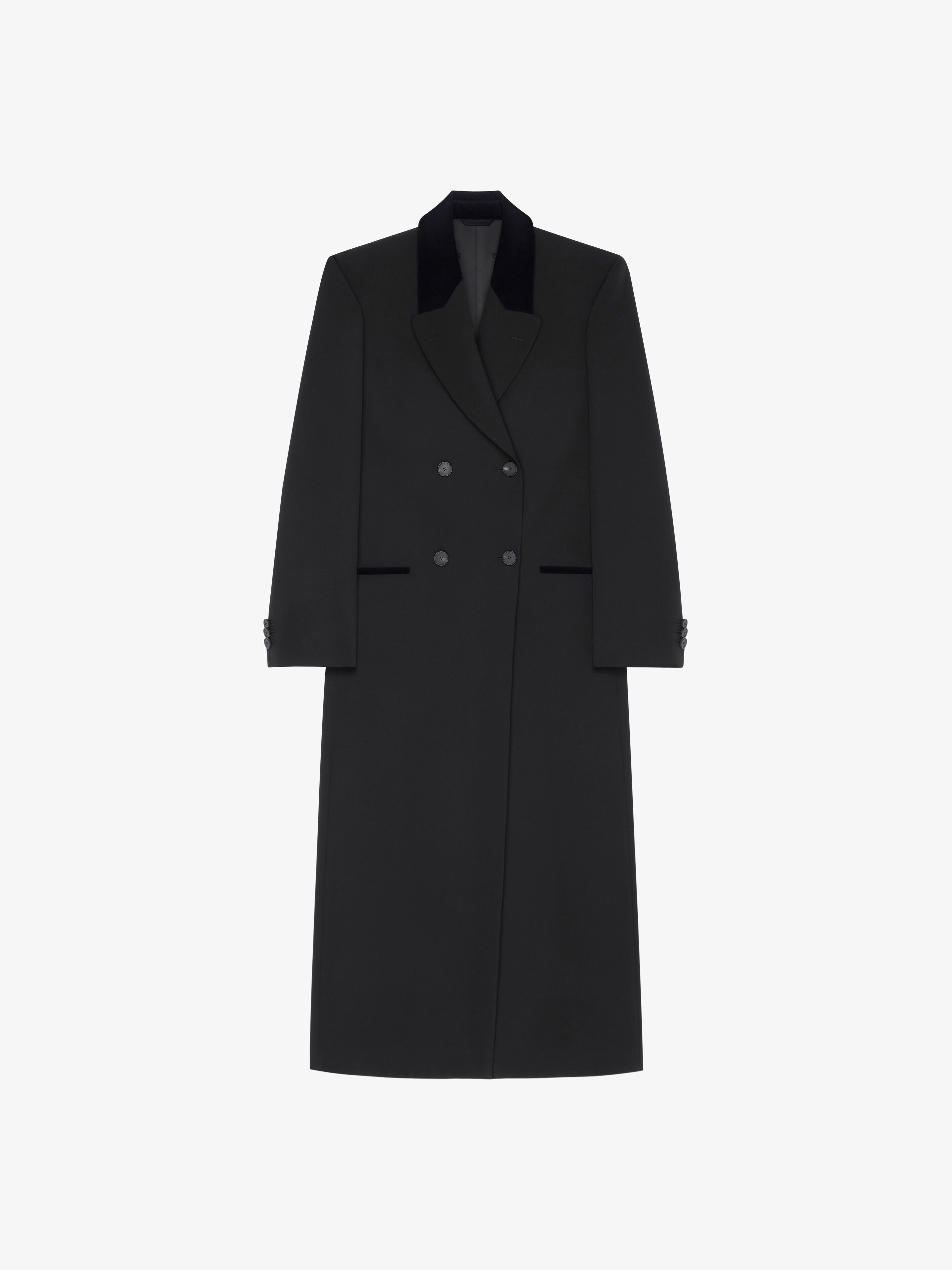 Shop Givenchy Double Breasted Coat In Tricotine Wool With Velvet Details In Black
