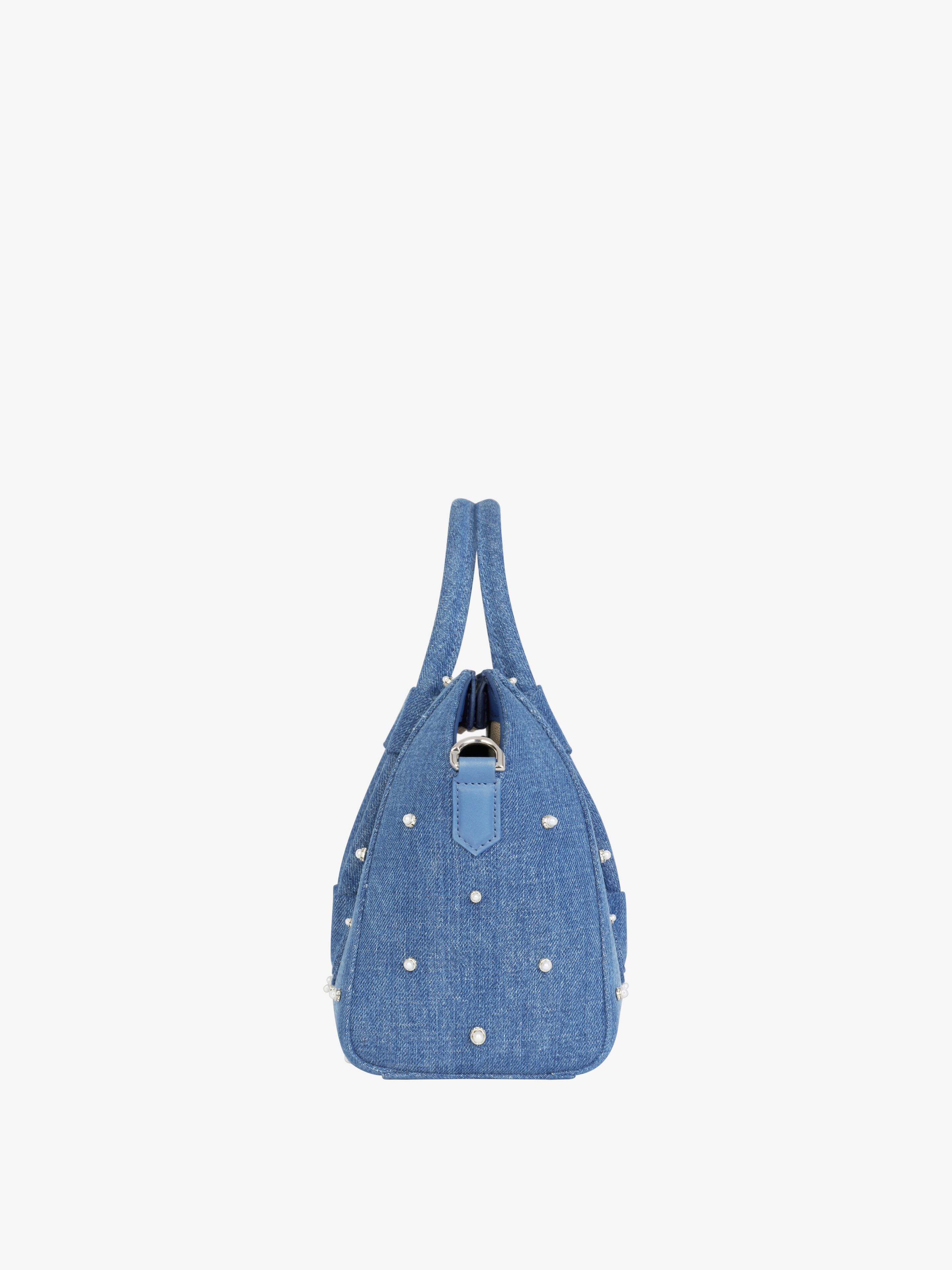 Mini Antigona Lock bag in denim with pearls in - medium blue