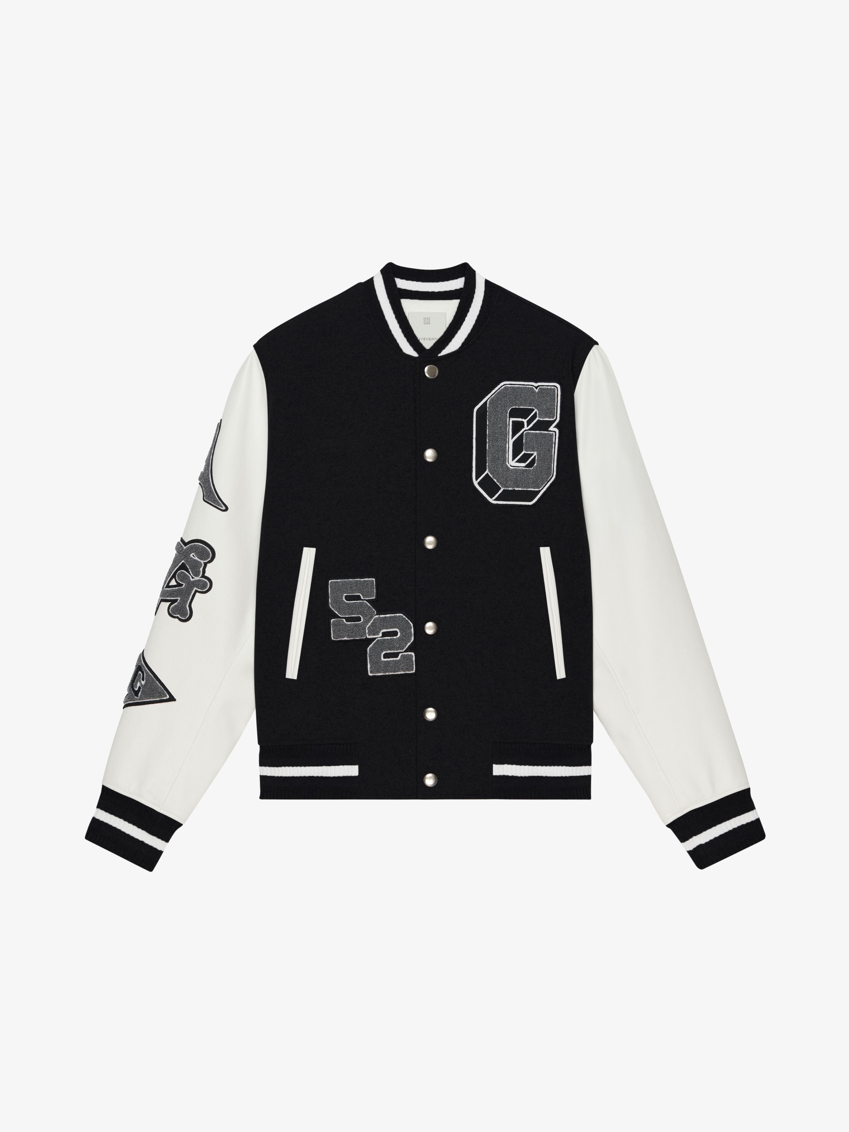 Shop Givenchy Varsity Jacket In Embroidered Wool And Leather In Black/white