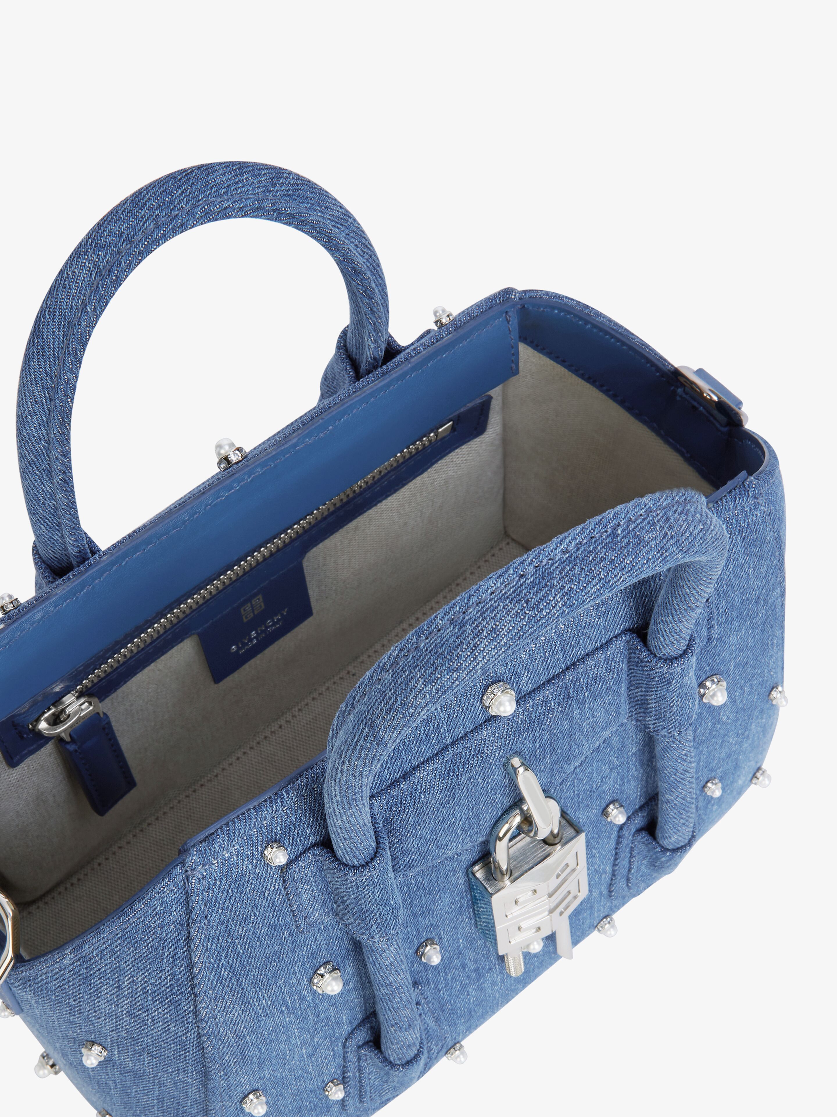Mini Antigona Lock bag in denim with pearls in - medium blue