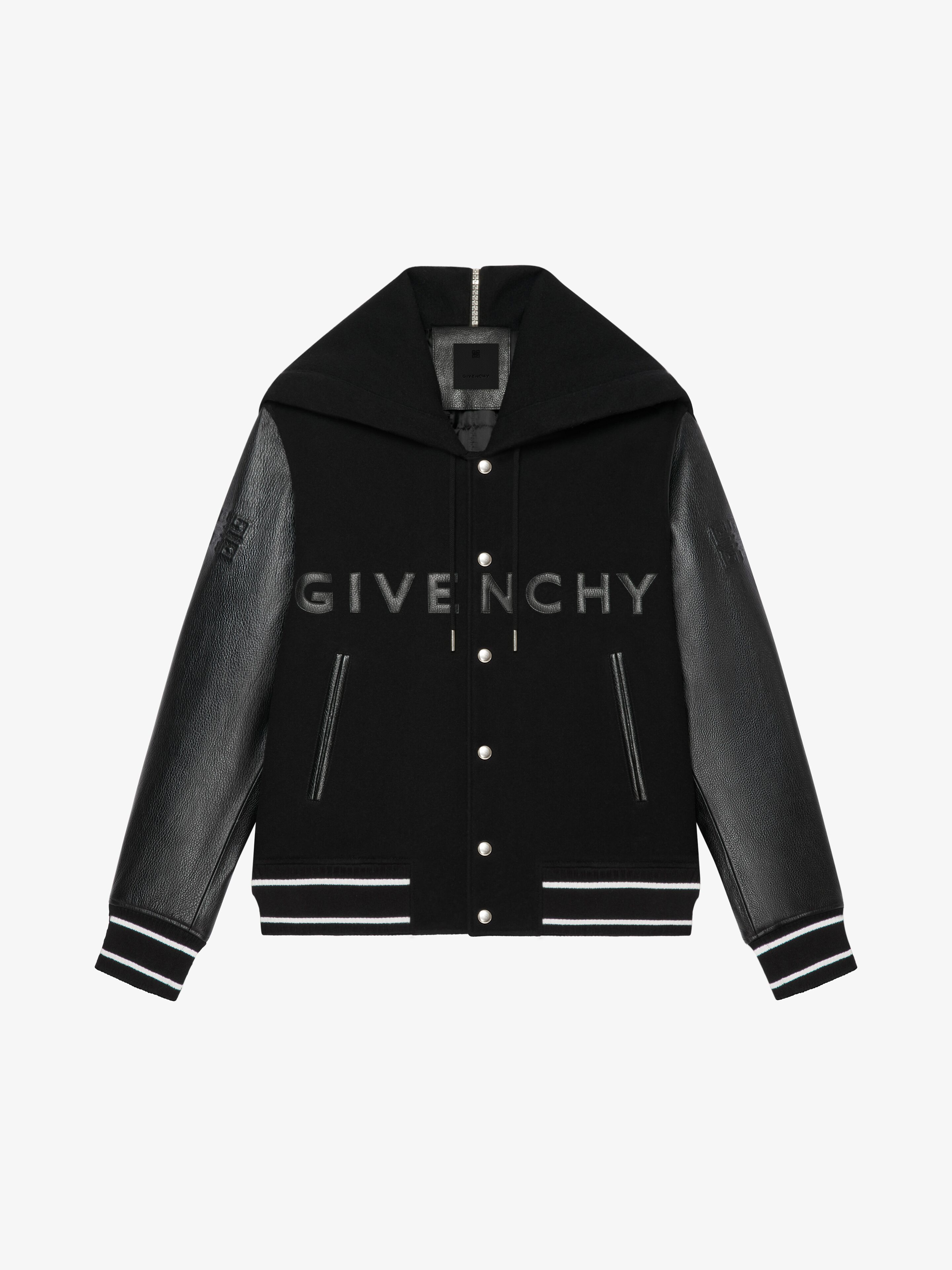 GIVENCHY hooded varsity jacket in wool and leather - black | Givenchy