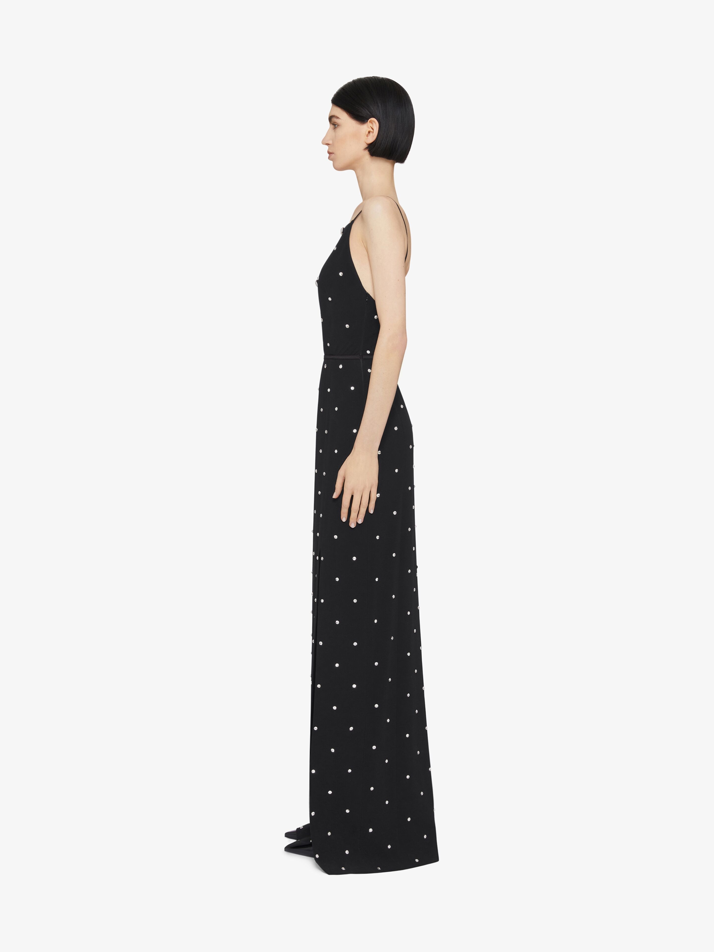 Voyou evening dress in crepe and satin with crystals