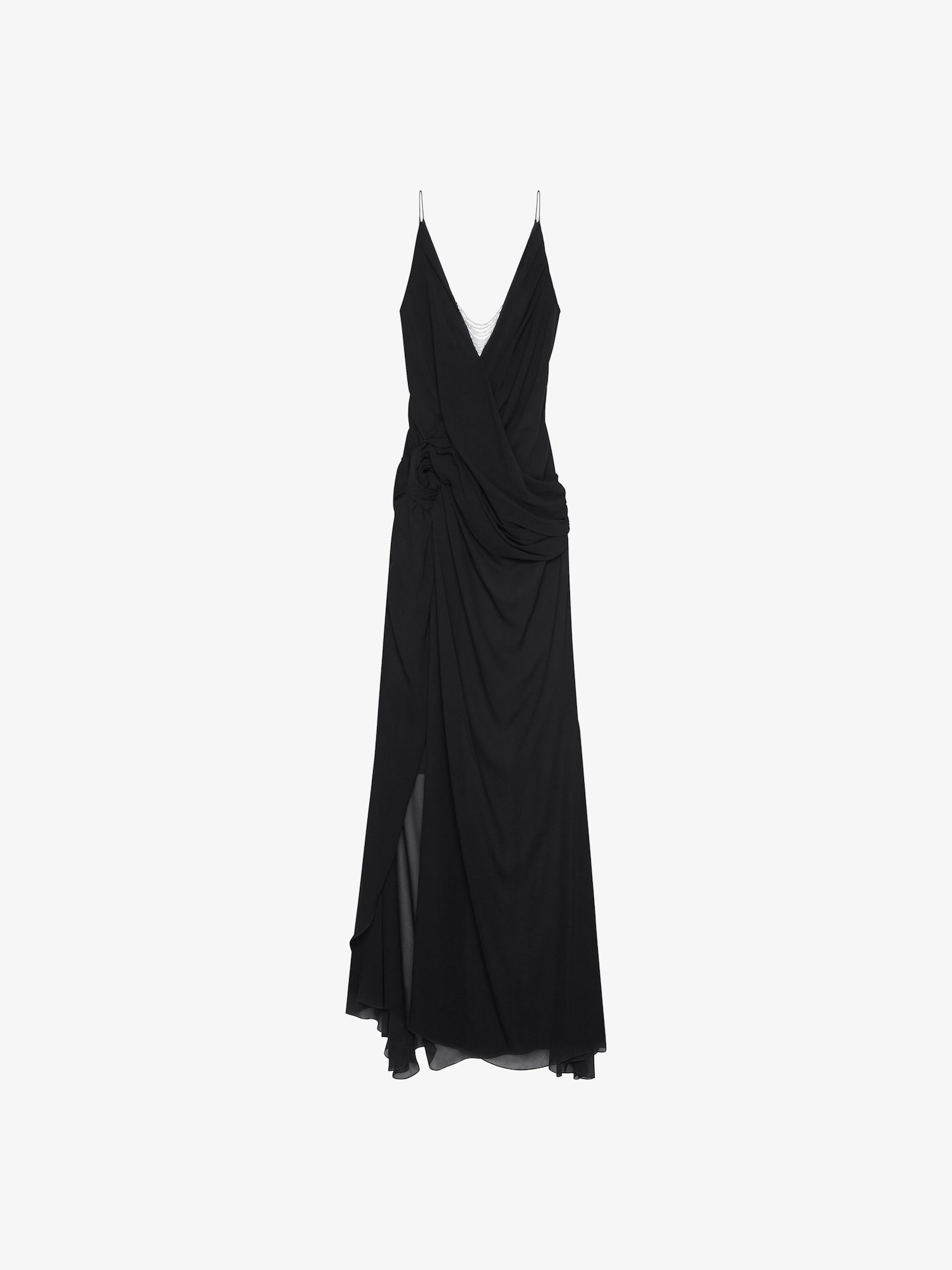 Evening draped dress in silk with pearl chains in - black  