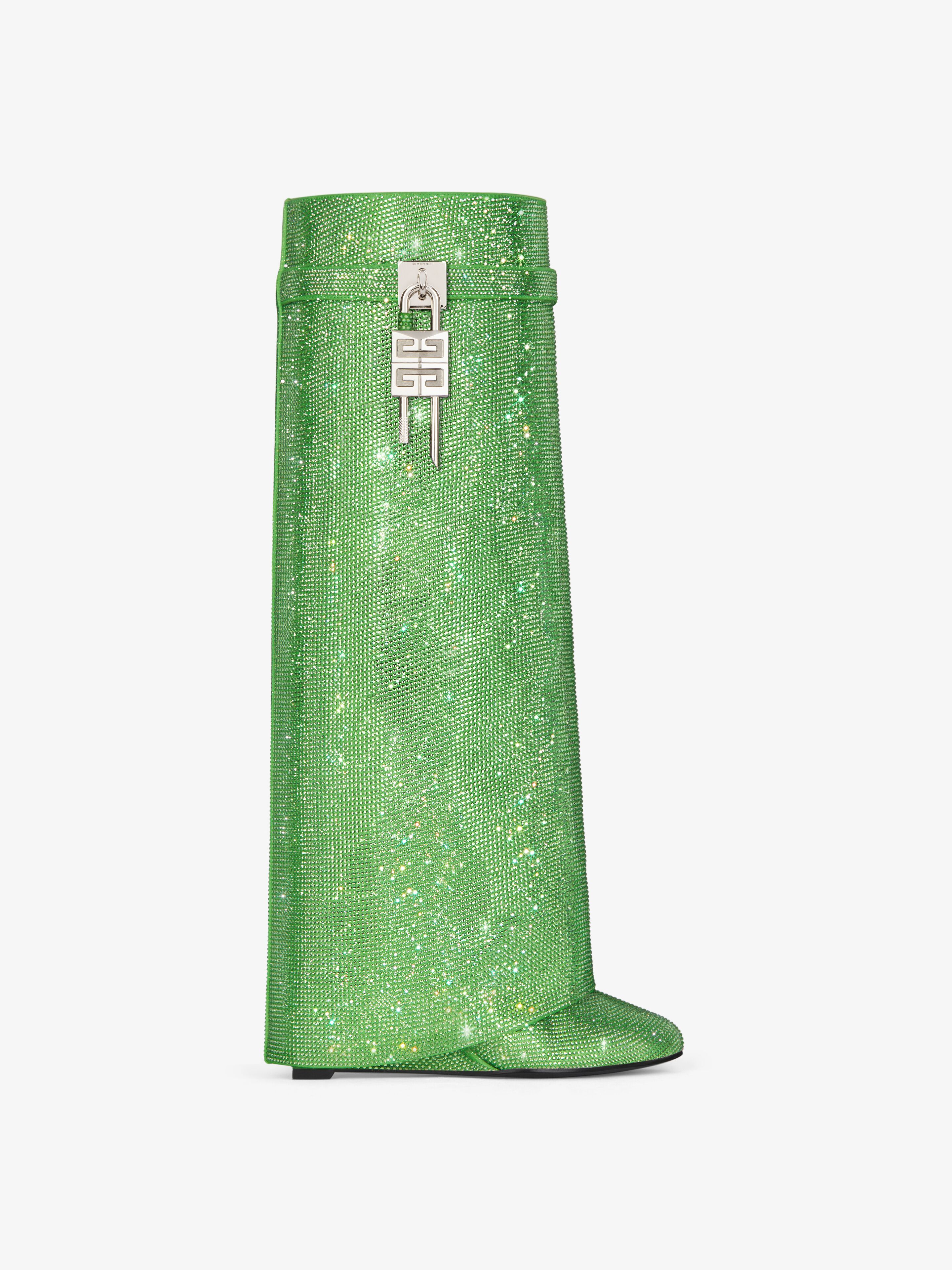 Shop Givenchy Shark Lock Boots In Satin With Strass In Absynthe Green