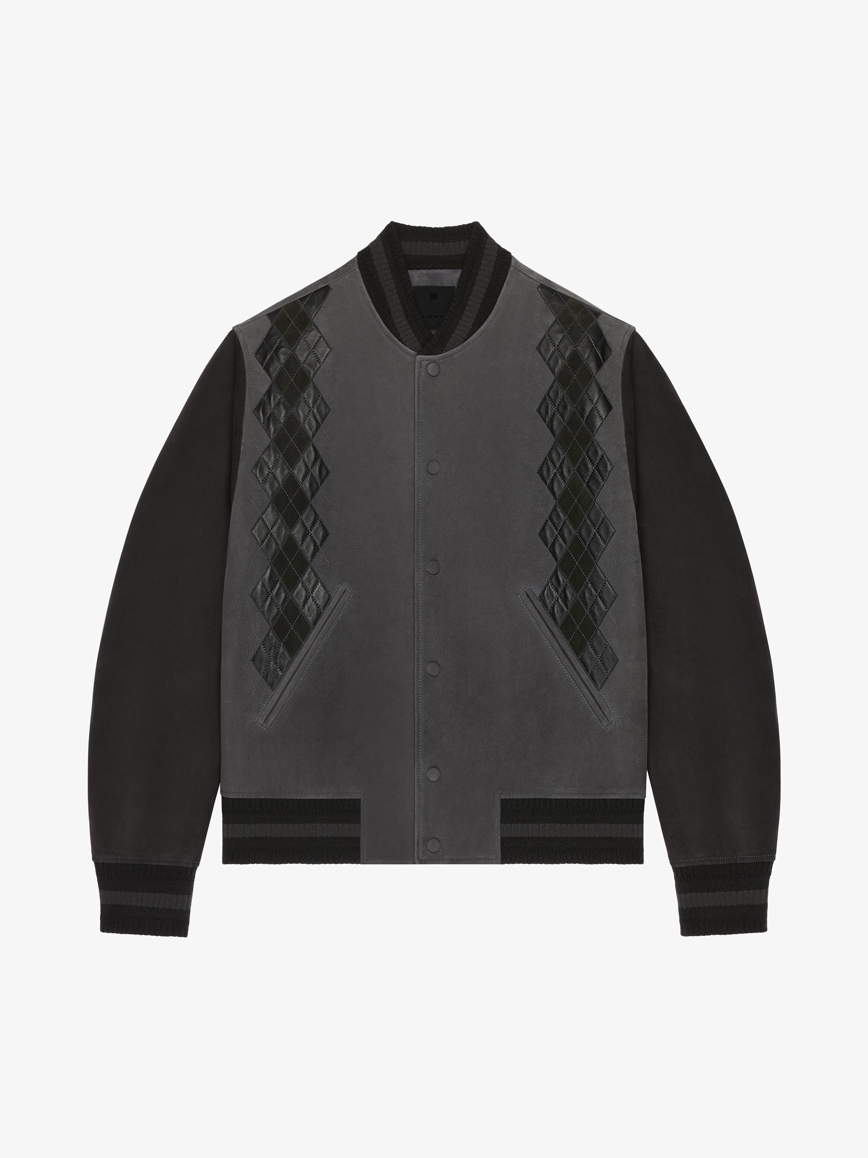 Givenchy Blouson Varsity En Cuir Grainé Avec Motif Argyle In Grey