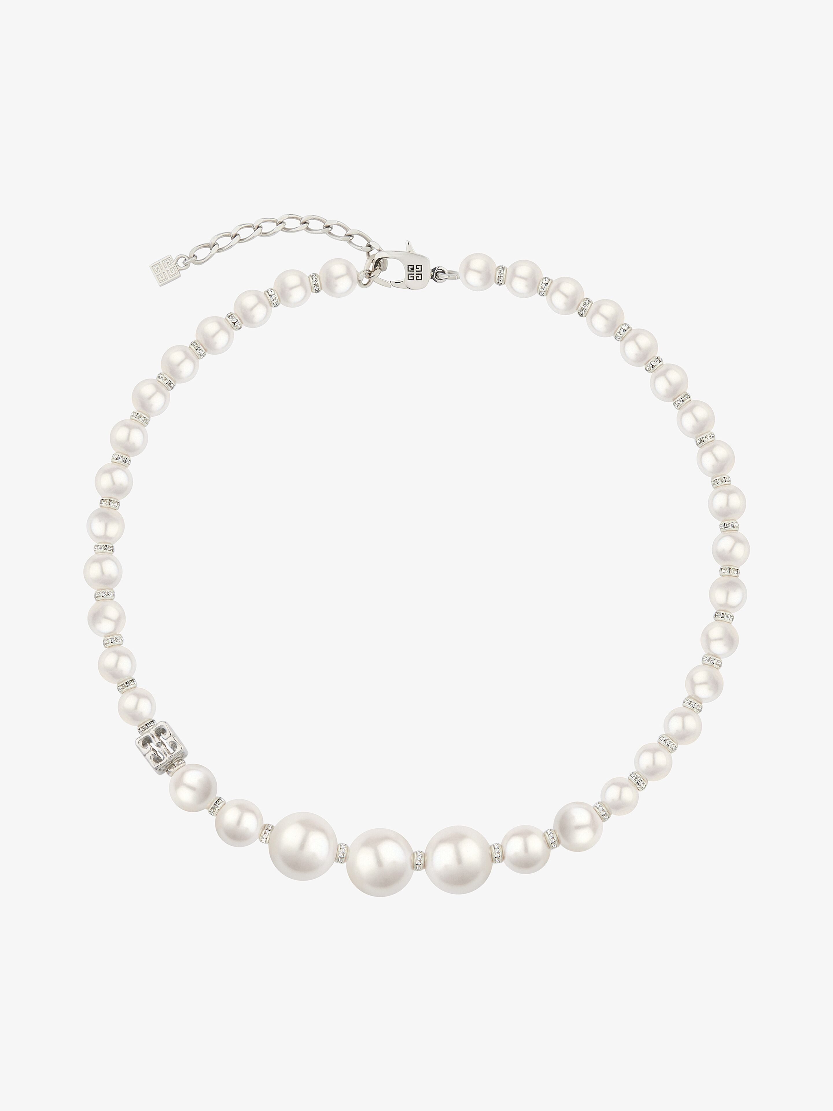 Pearl necklace in metal with crystals - white/silvery