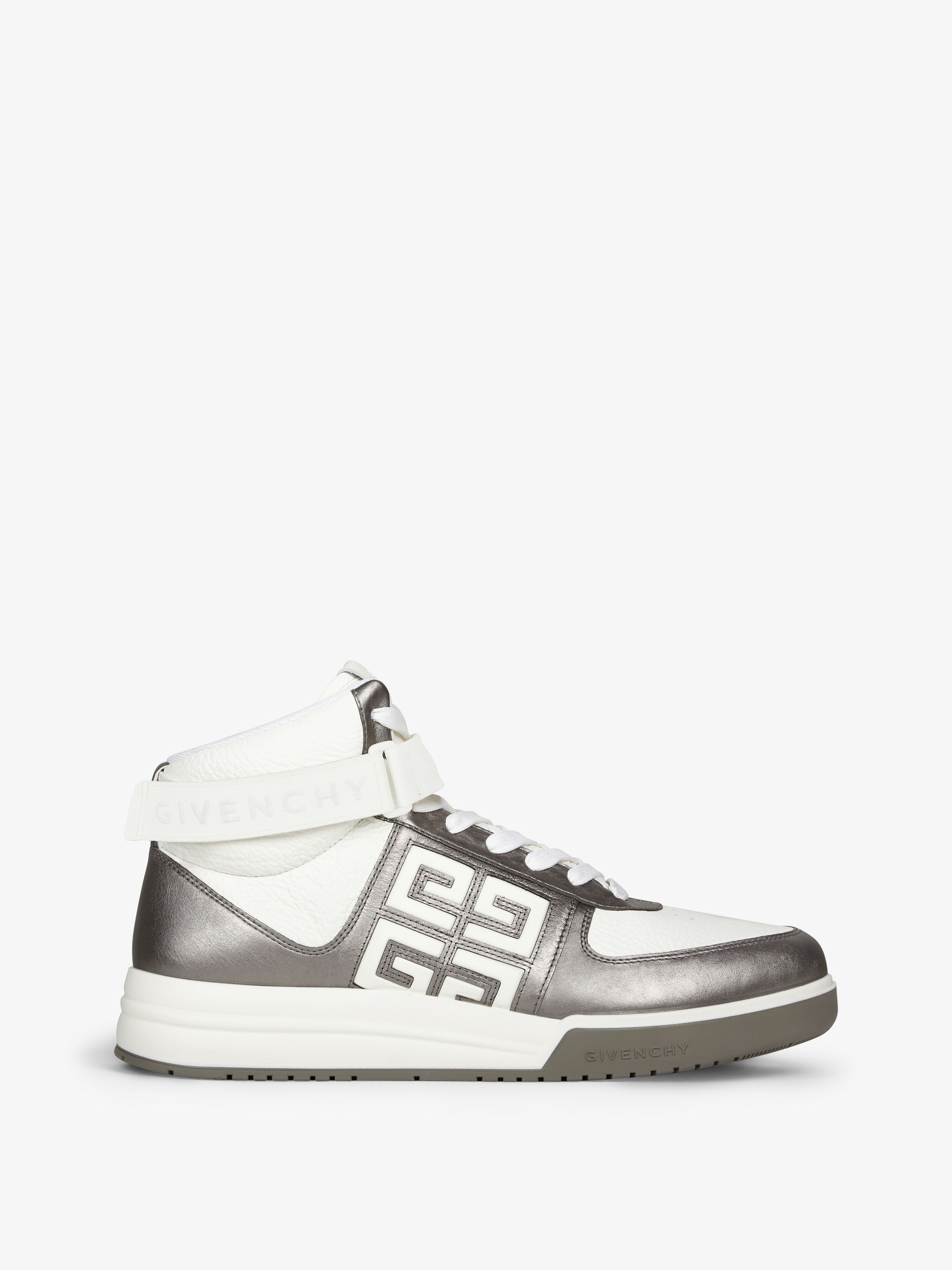 Givenchy Men's G4 High Top Sneakers In Laminated Leather In Silvery Grey