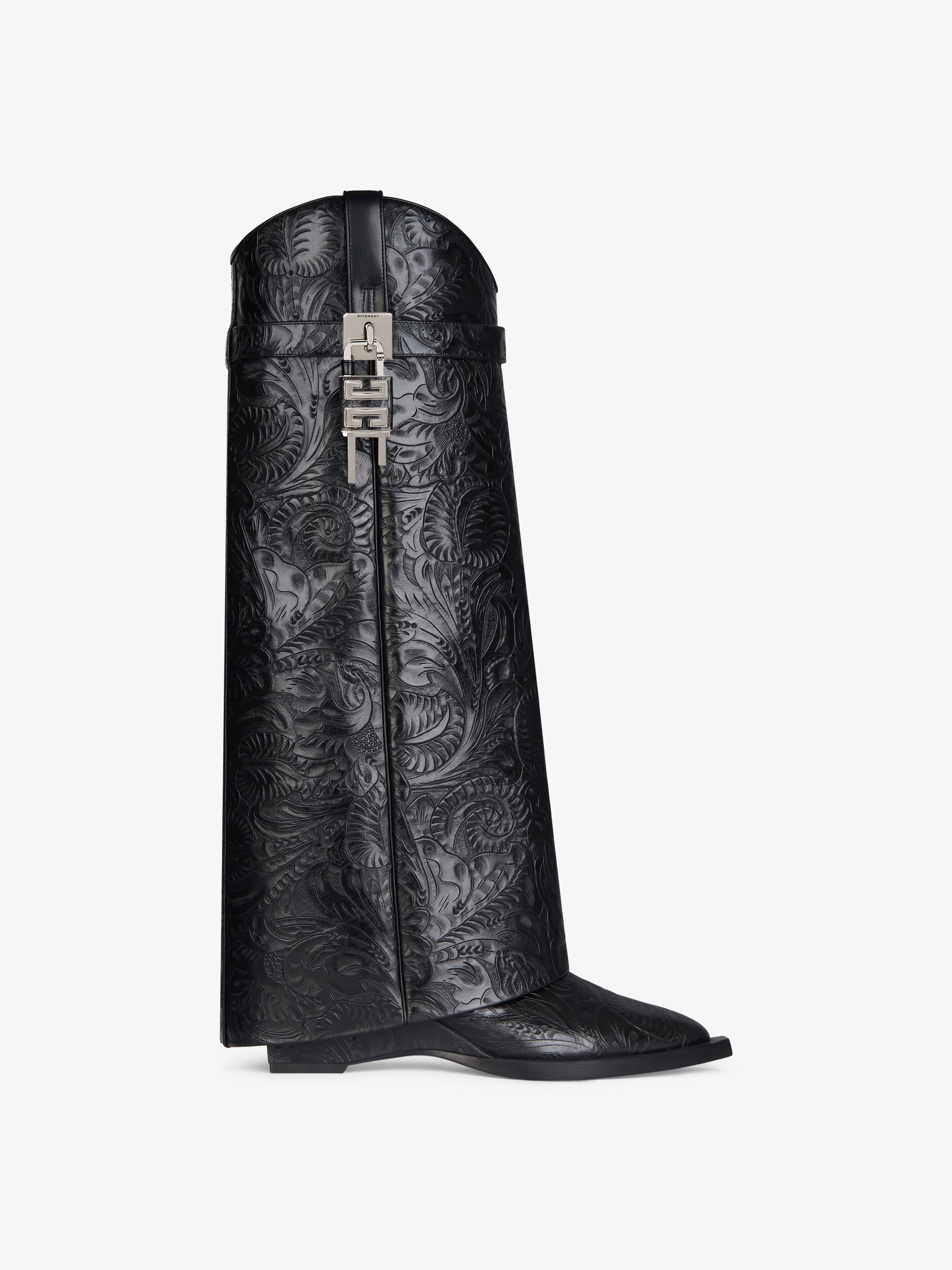 Shop Givenchy Shark Lock Cowboy Boots In Leather With Western Pattern In Black