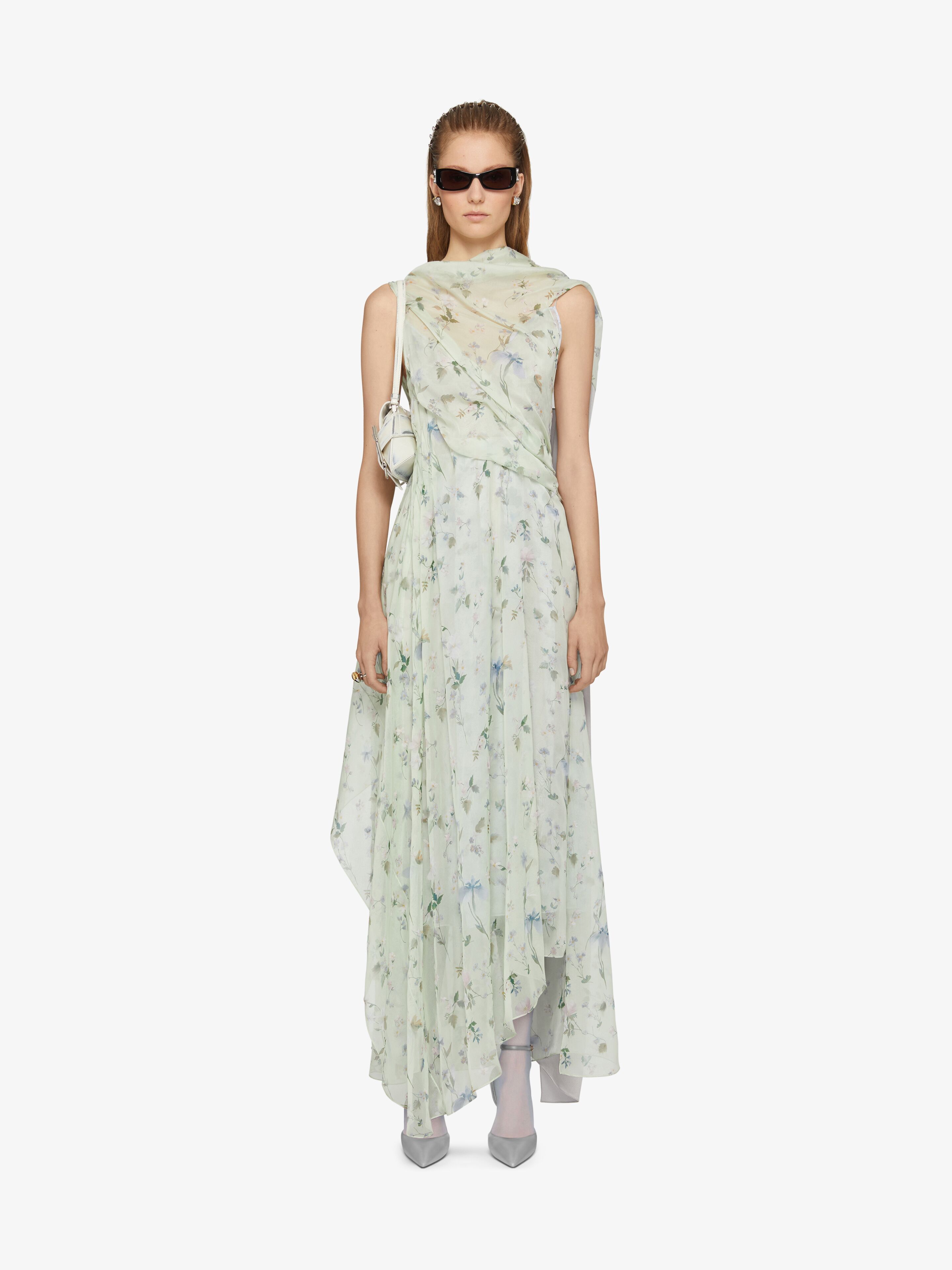 Printed draped dress in silk chiffon with lavallière