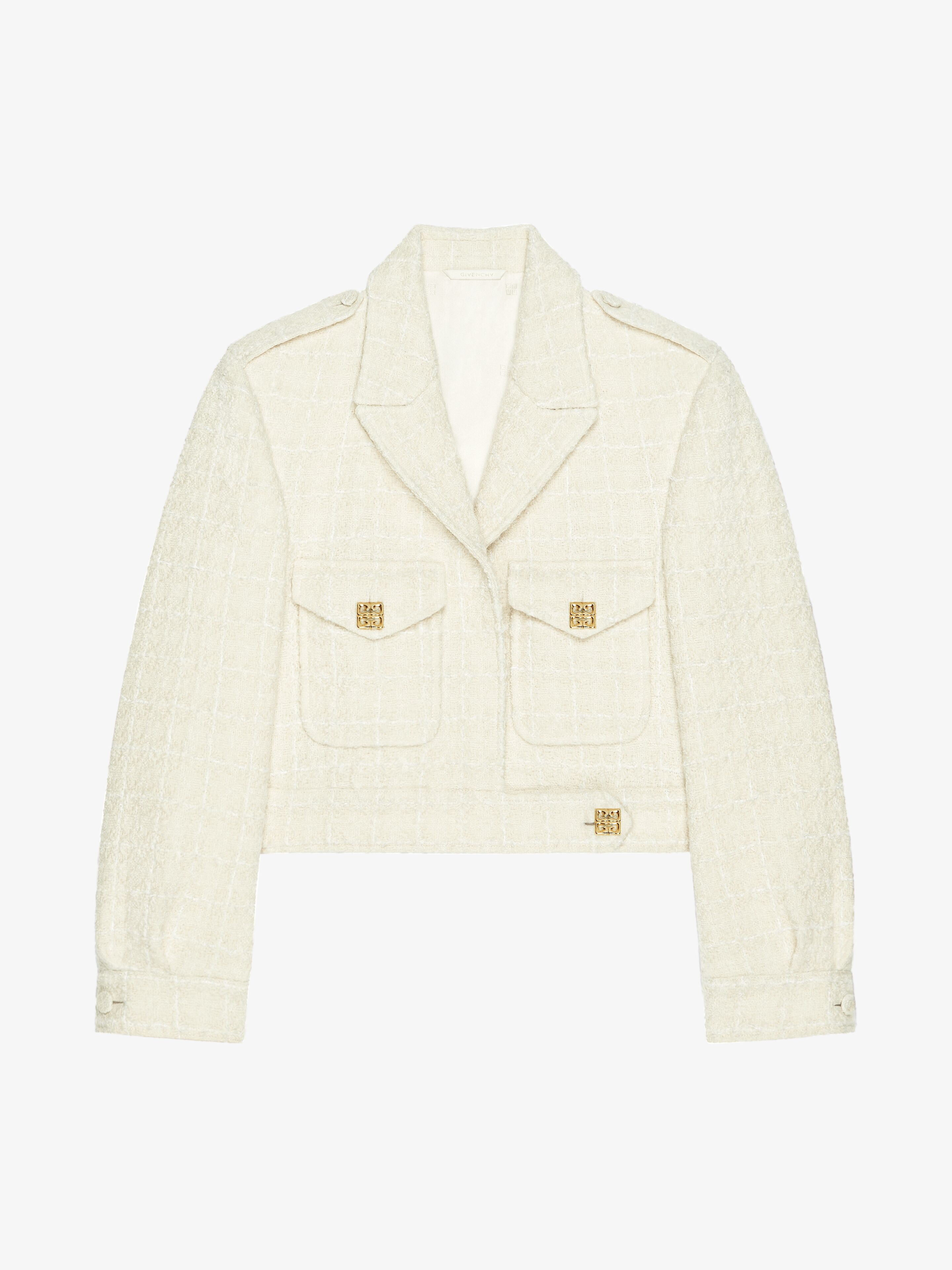 Shop Givenchy Cropped Jacket In Tweed With 4g Liquid Detail In Beige