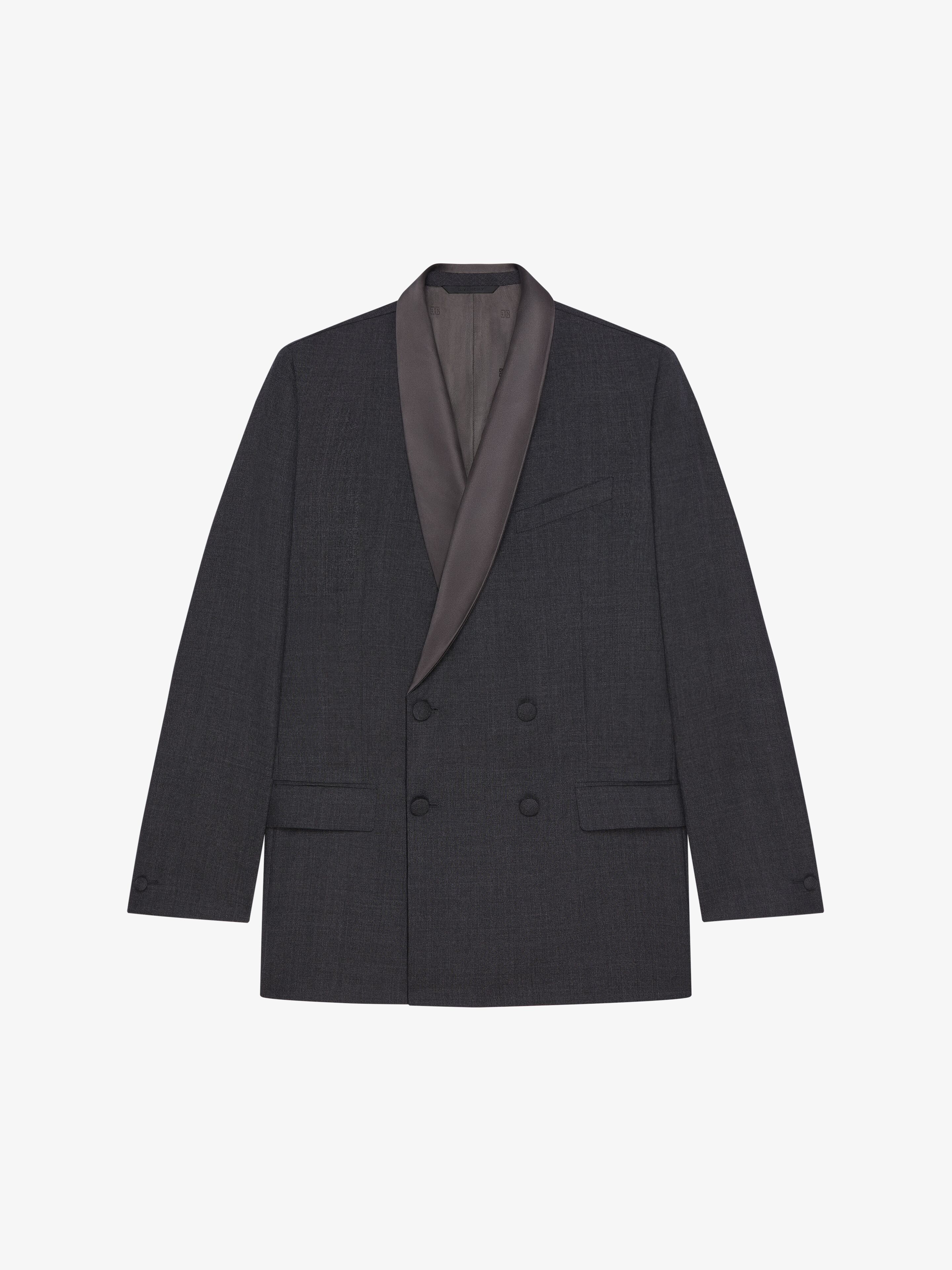 Shop Givenchy Double Breasted Jacket In Wool With Satin Collar In Grey