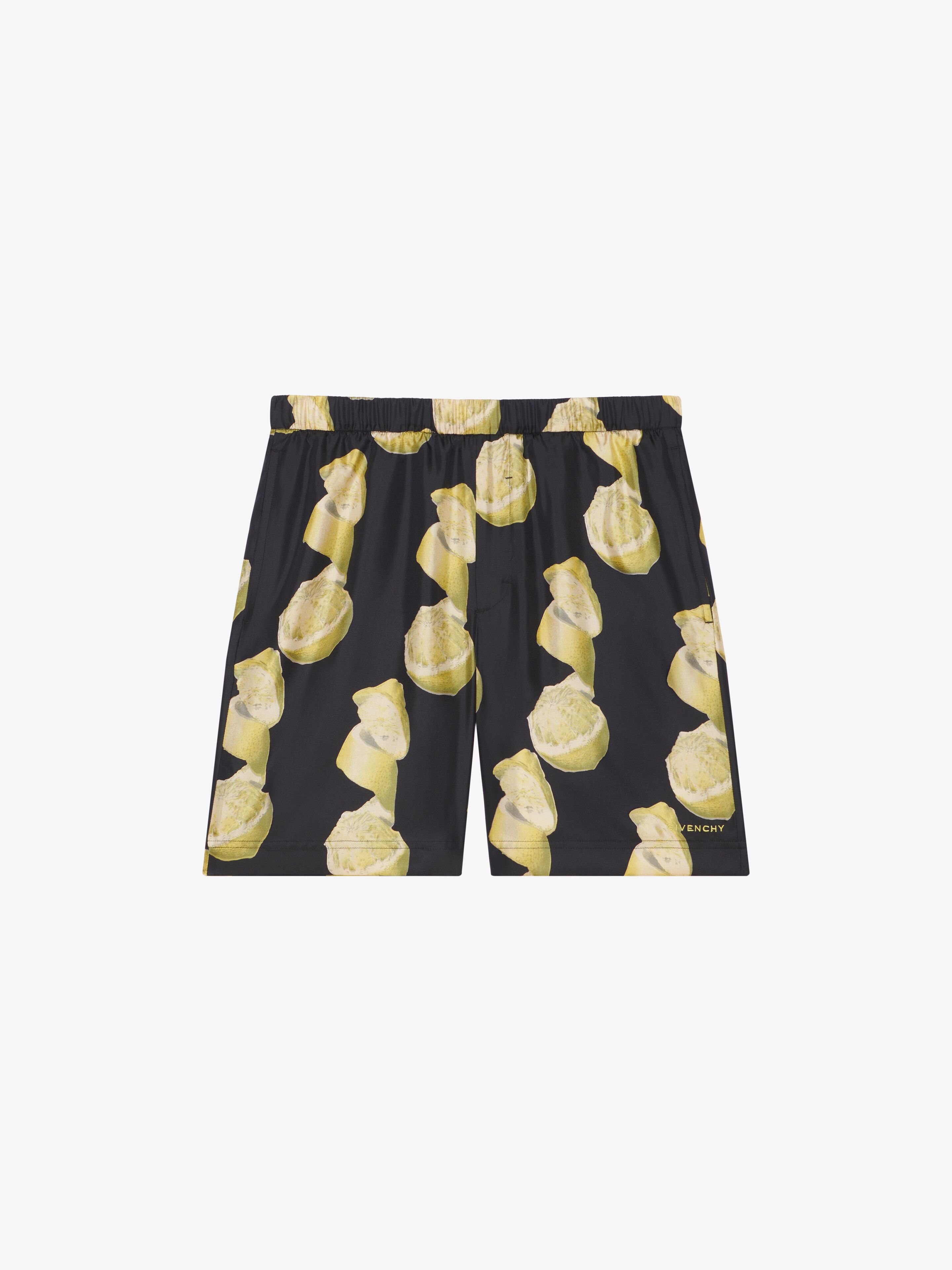 Shop Givenchy Bermuda Shorts In Silk With Lemons Print In Black/yellow