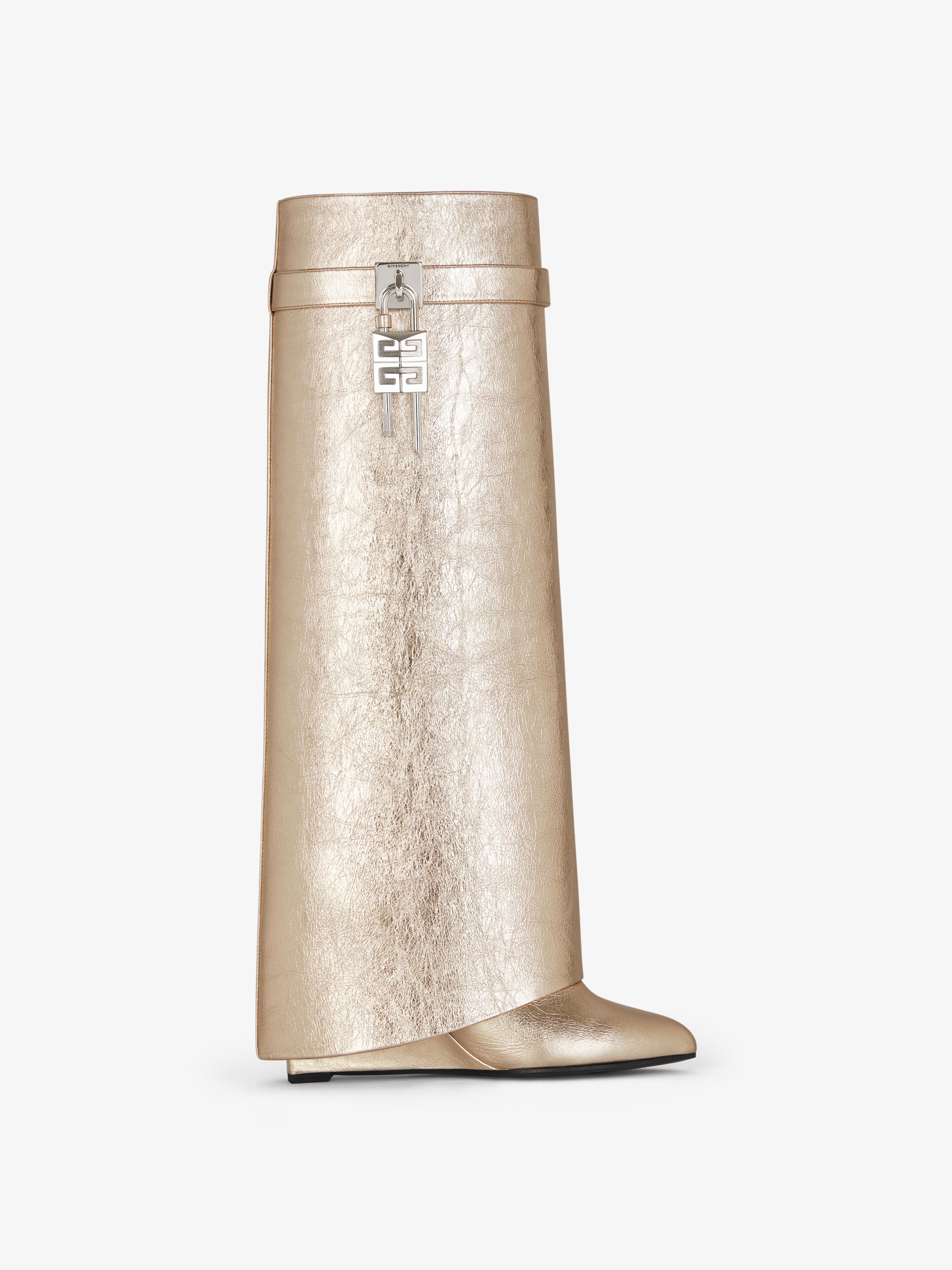 Shop Givenchy Shark Lock Boots In Laminated Leather In Dusty Gold