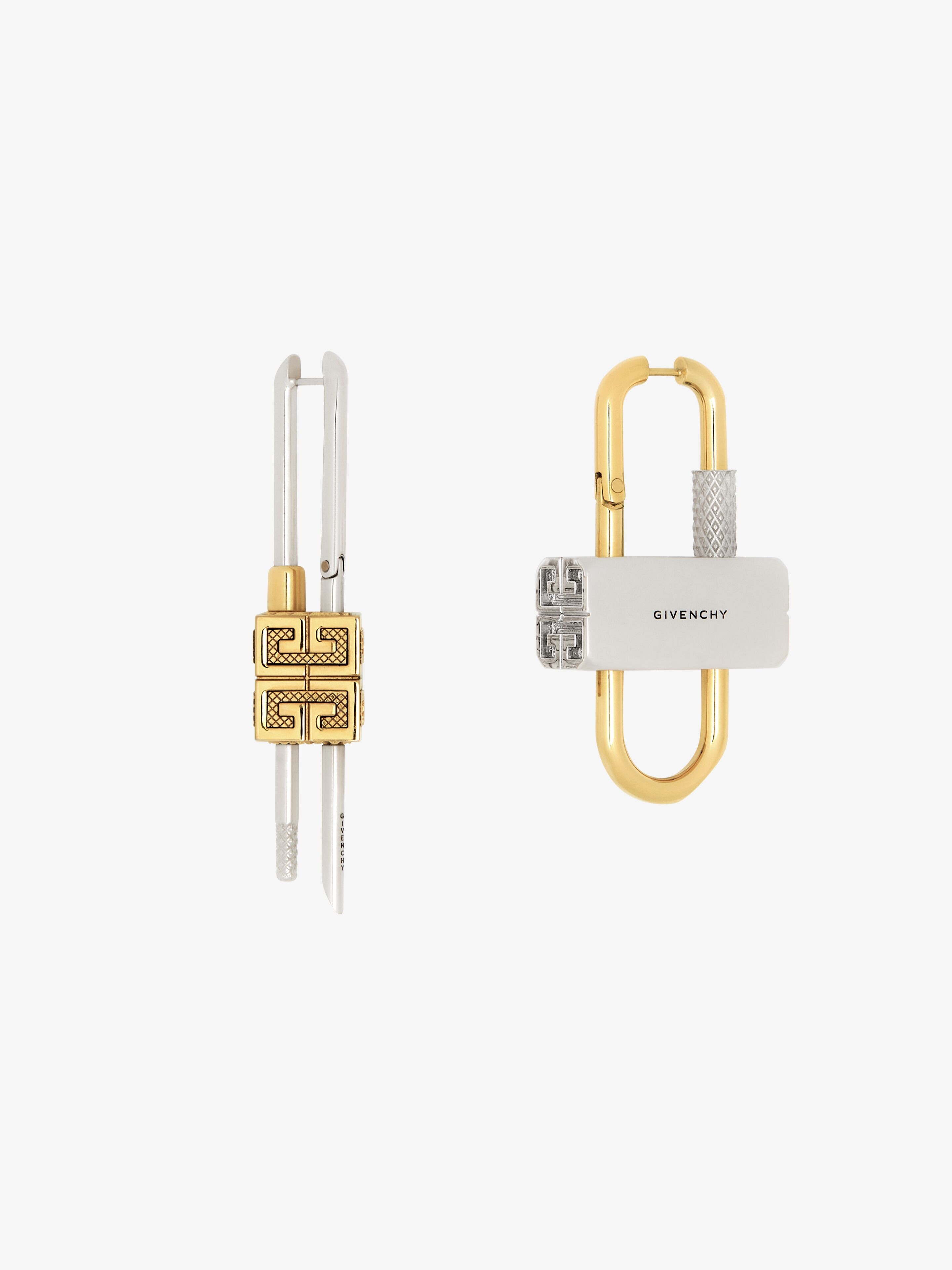 Lock asymmetrical earrings in metal