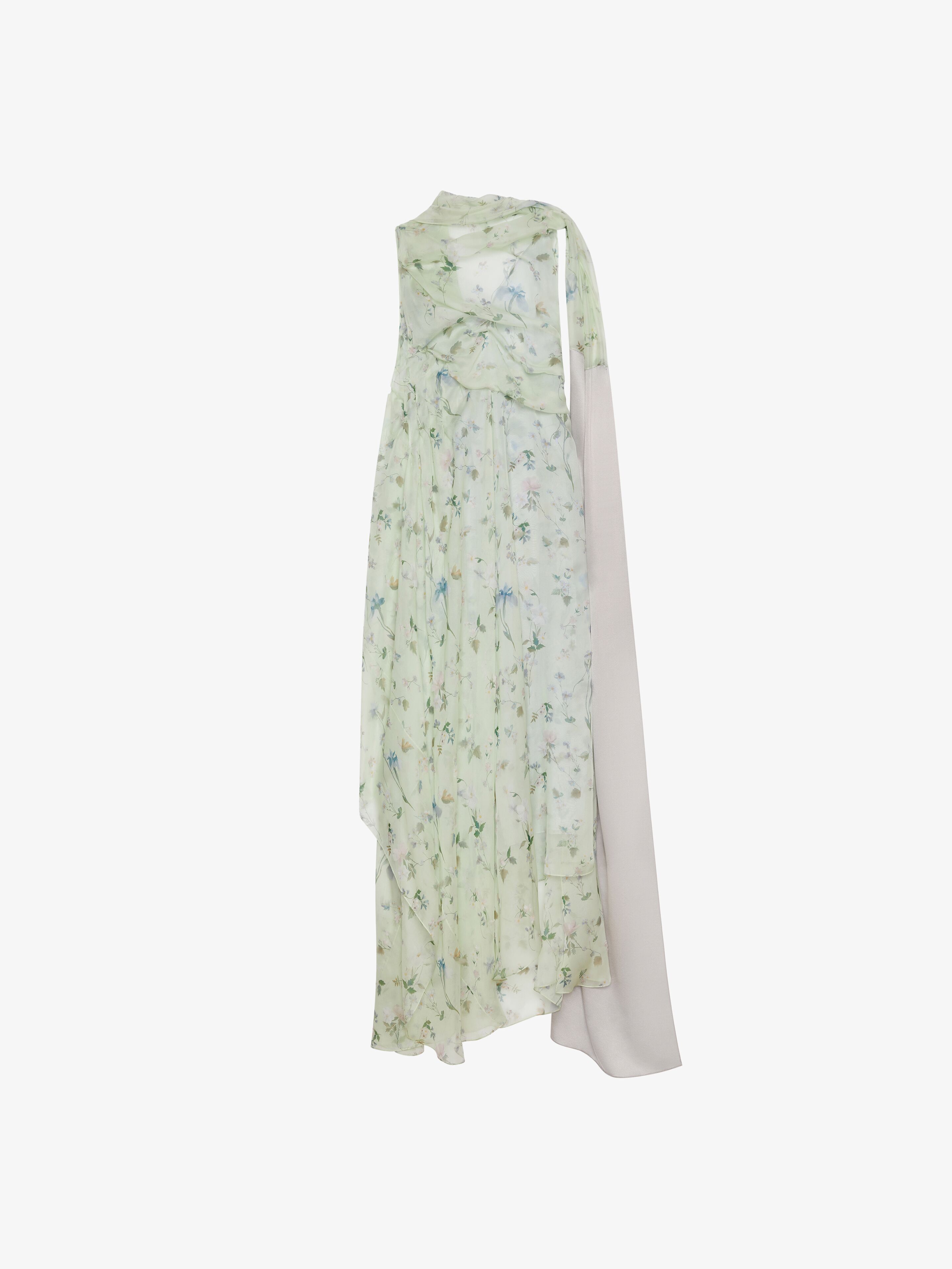 Shop Givenchy Printed Draped Dress In Silk Chiffon With Lavallière In Ice Blue