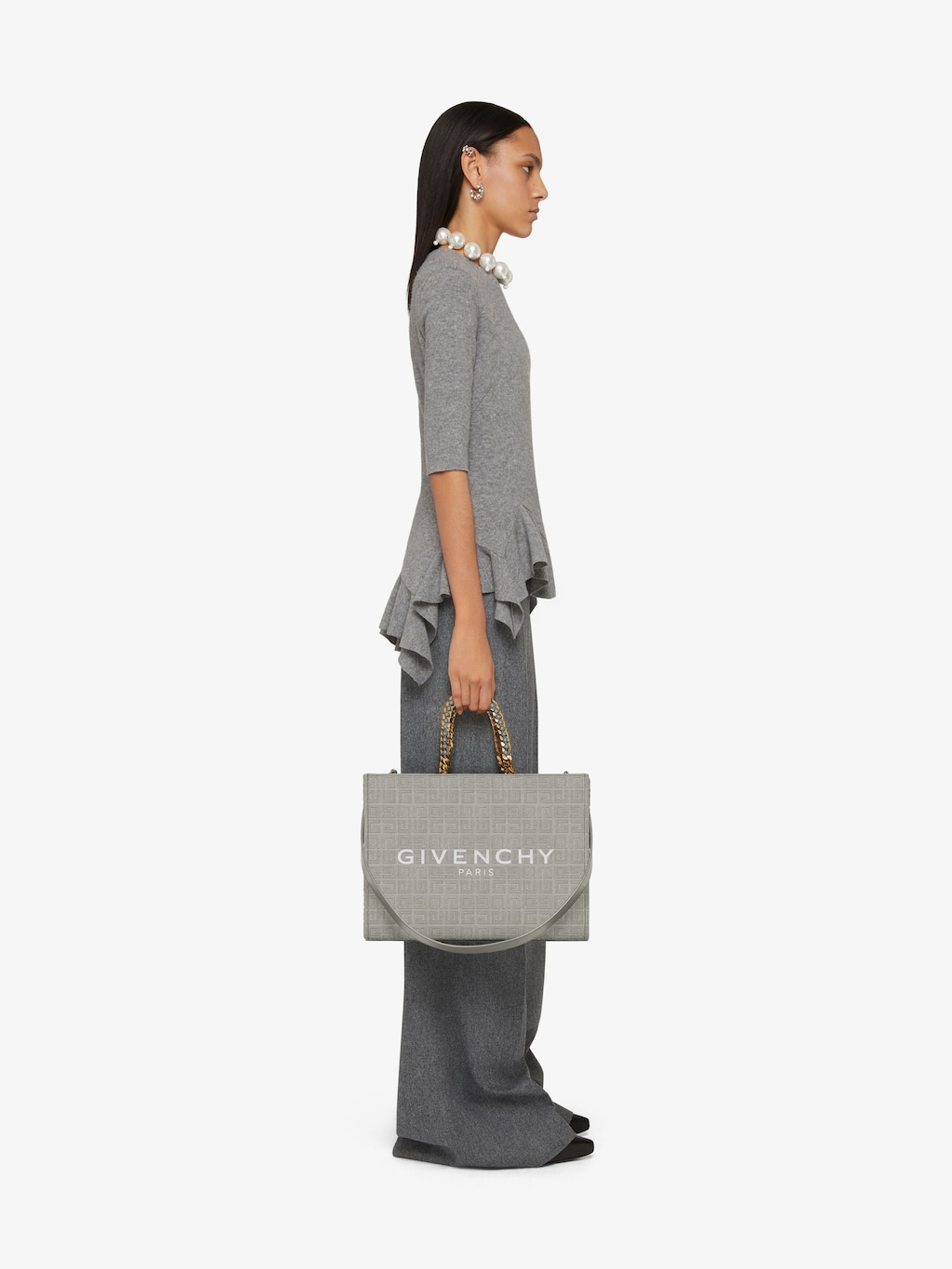 Mini G Tote shopping bag in 4G embroidered canvas stone grey