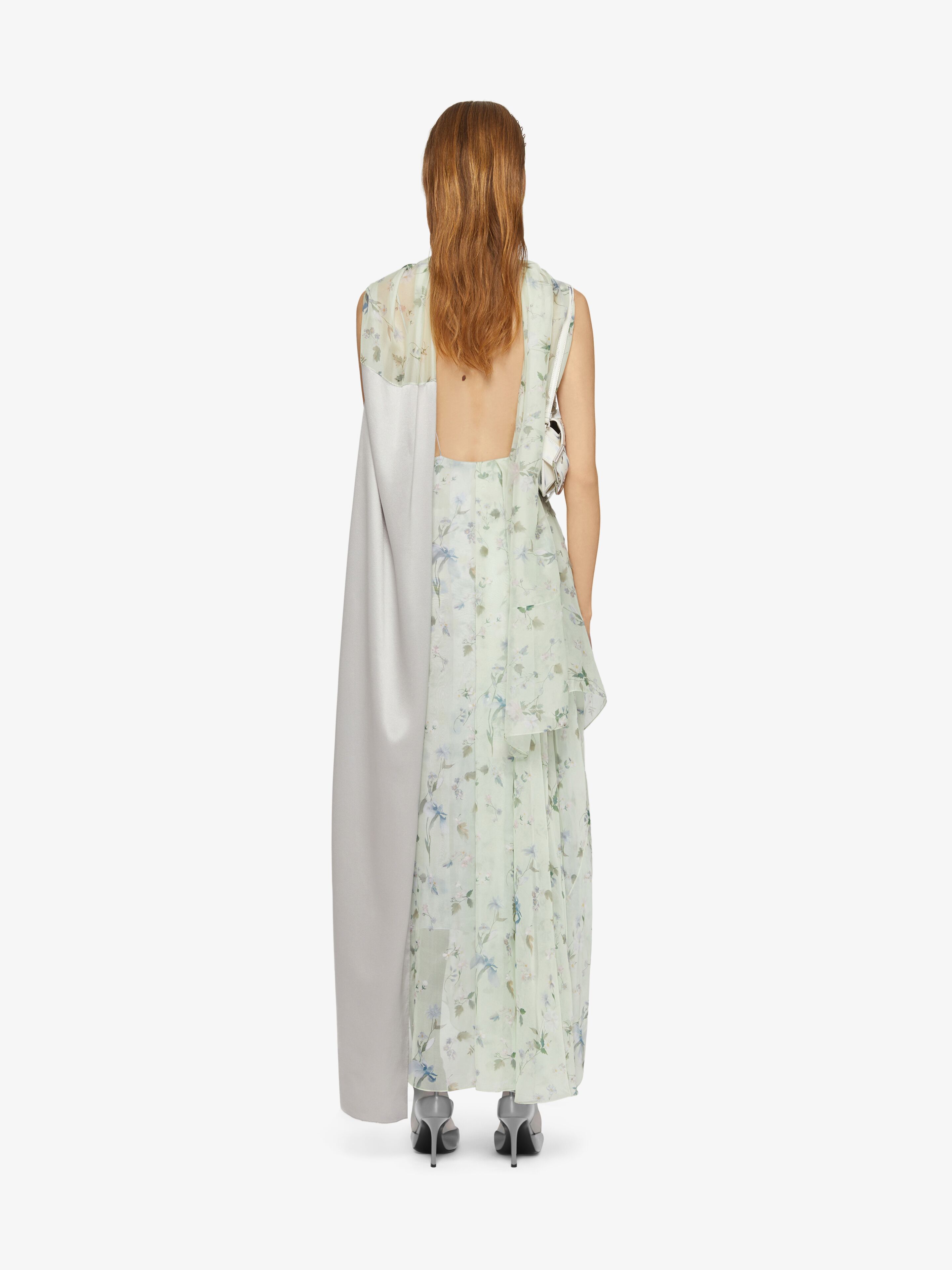 Printed draped dress in silk chiffon with lavallière