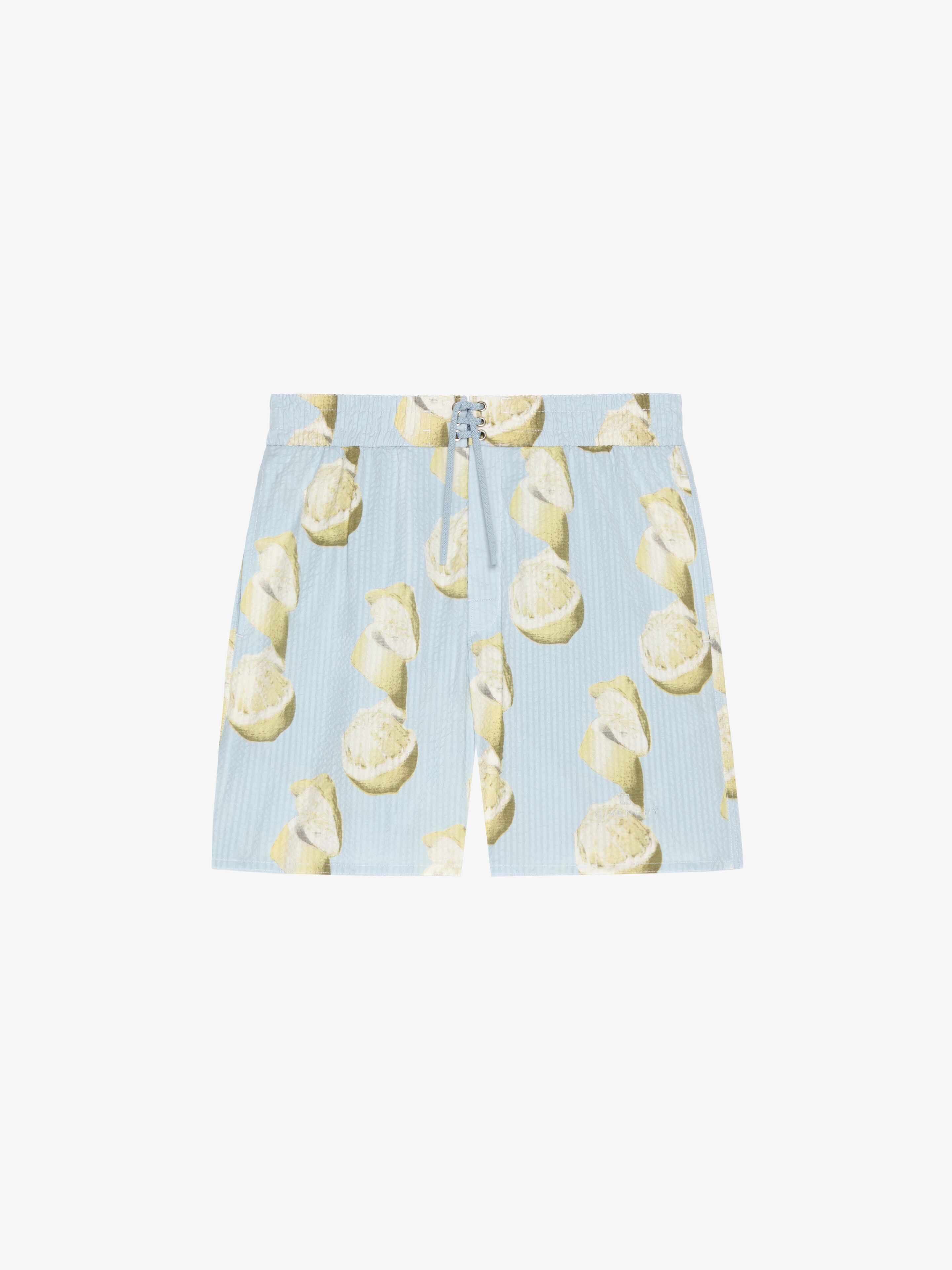 Shop Givenchy Printed Swim Shorts In Cotton Seersucker In Blue/yellow