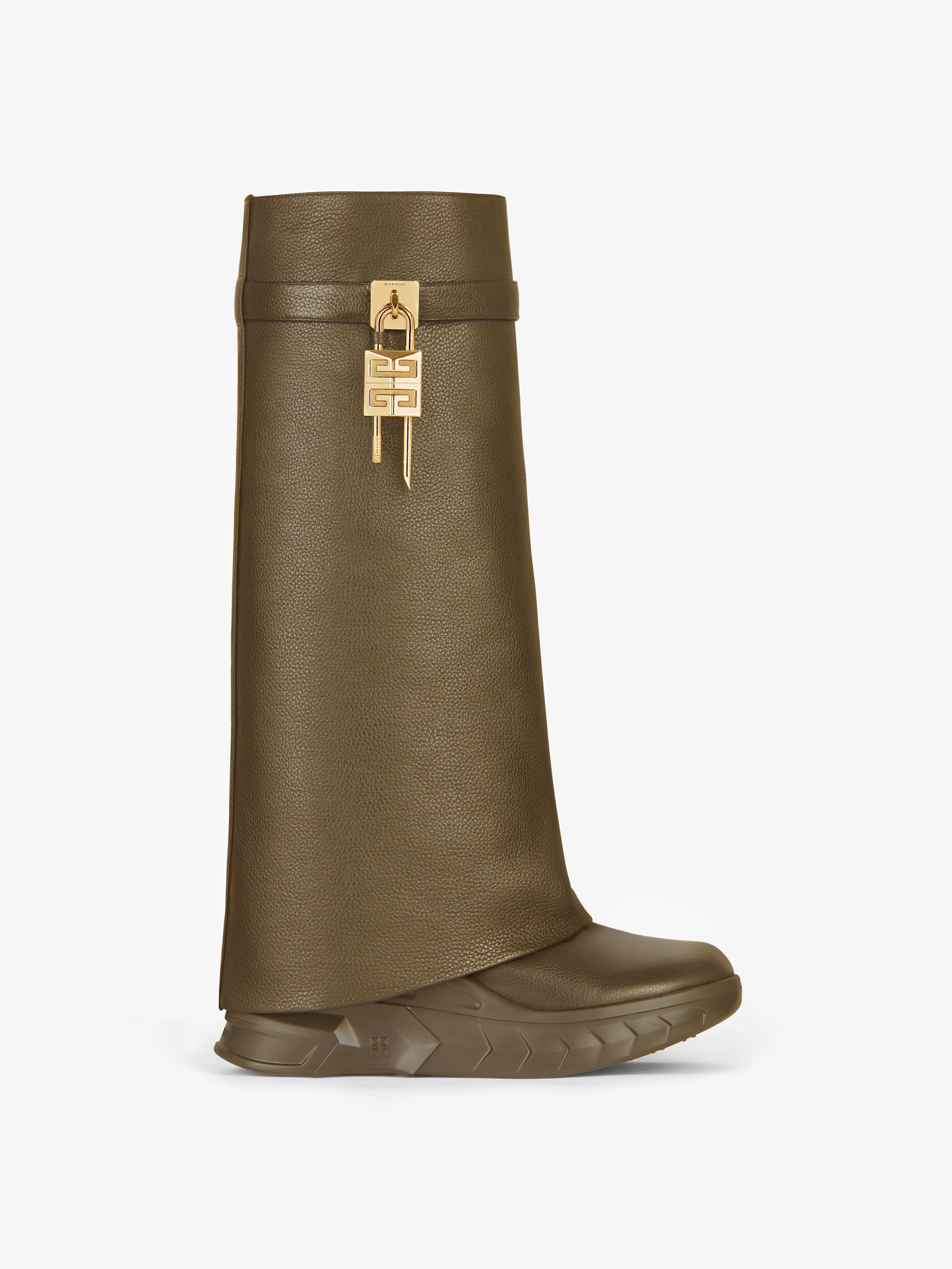 Givenchy Shark Lock Biker Boots In Grained Leather In Dark Khaki