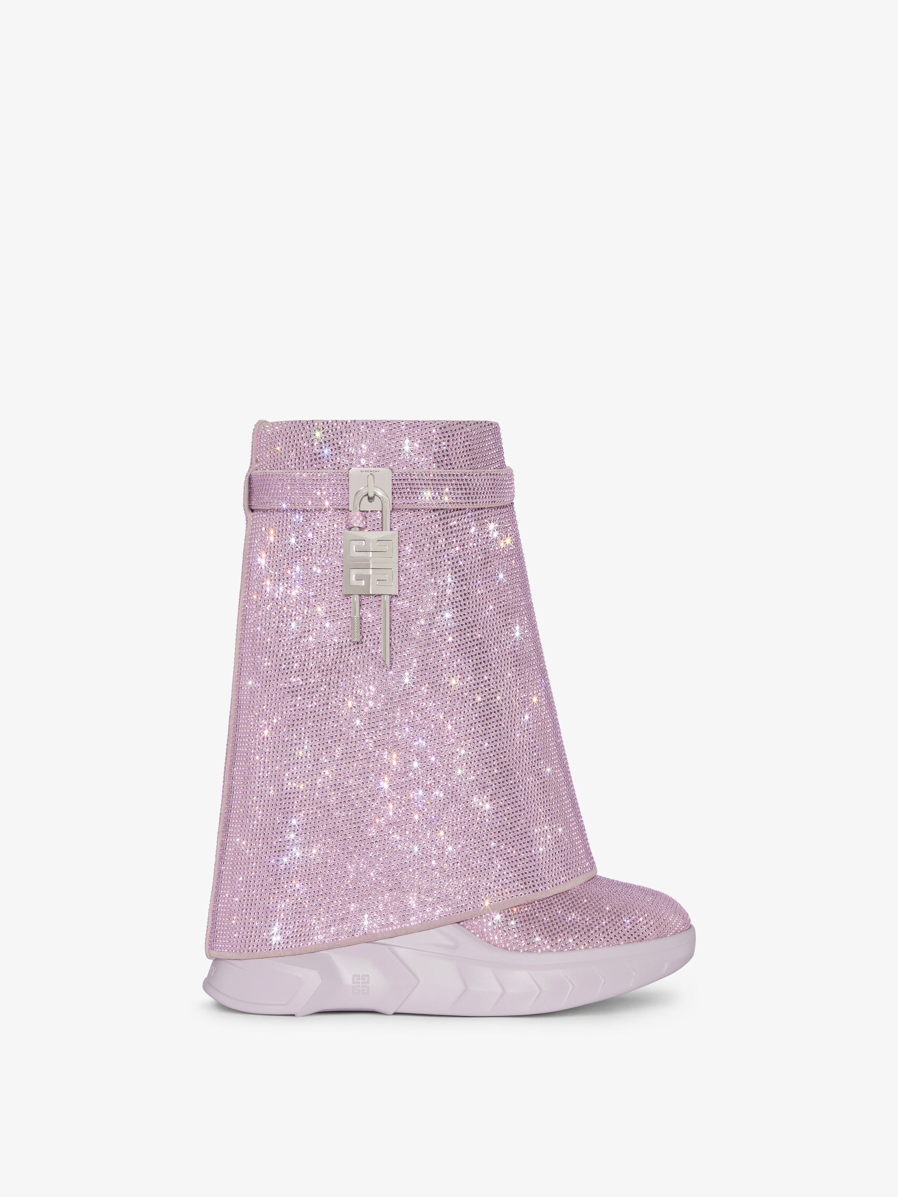 Shop Givenchy Shark Lock Biker Ankle Boots In Leather With Strass In Soft Lilac