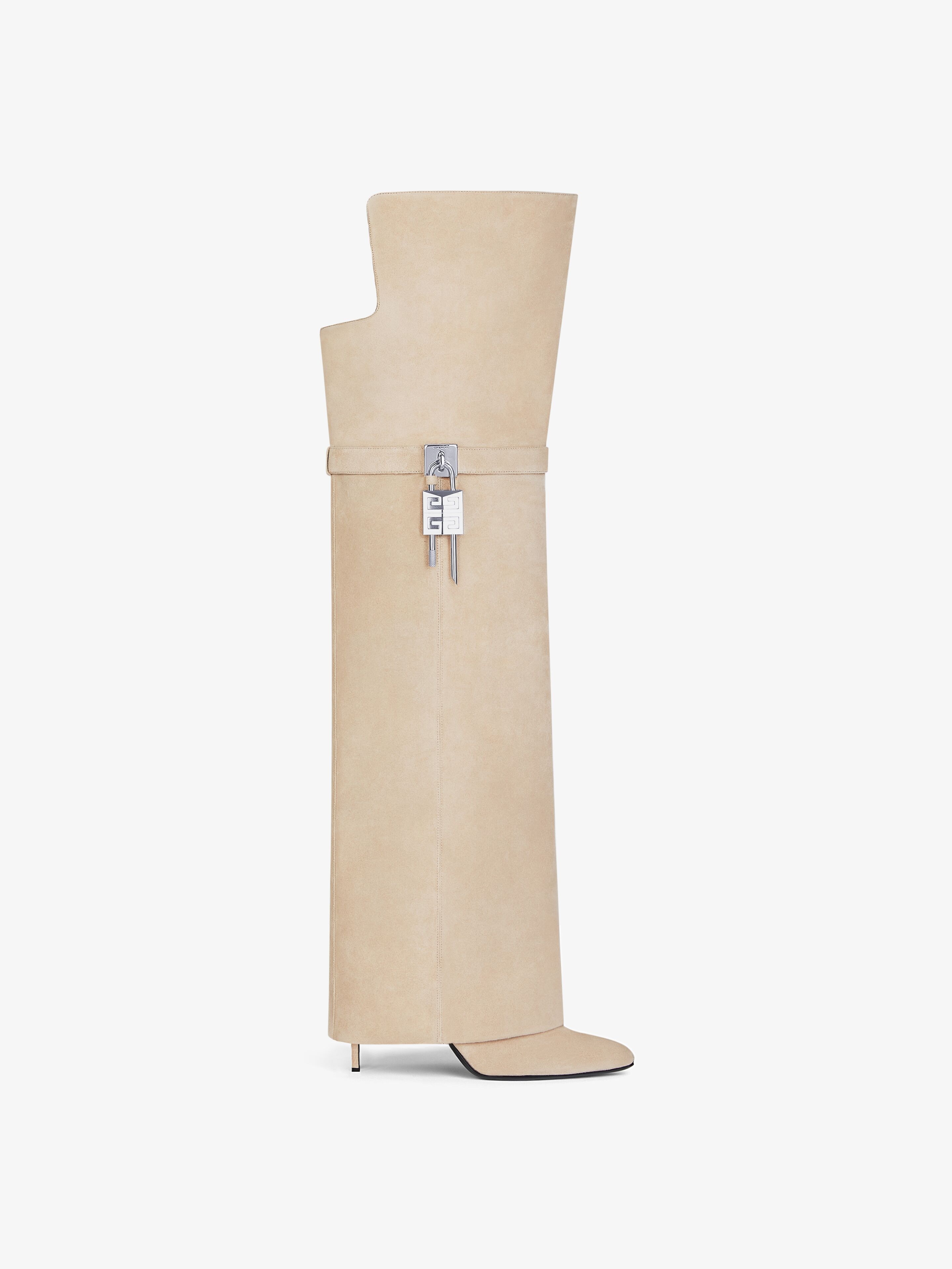 Shop Givenchy Shark Lock Stiletto Over-the-knee Boots In Suede In Beige