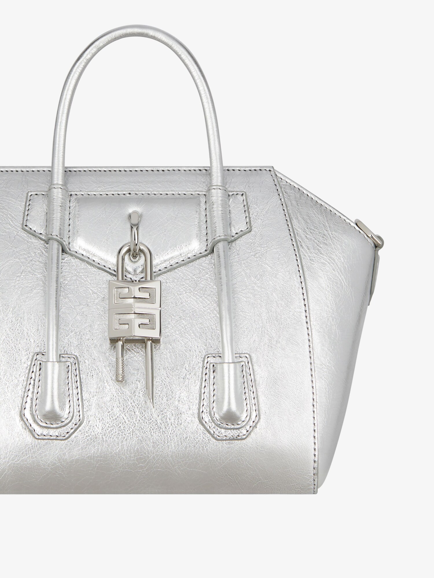 Mini Antigona Lock bag in metallized leather in - silvery grey 