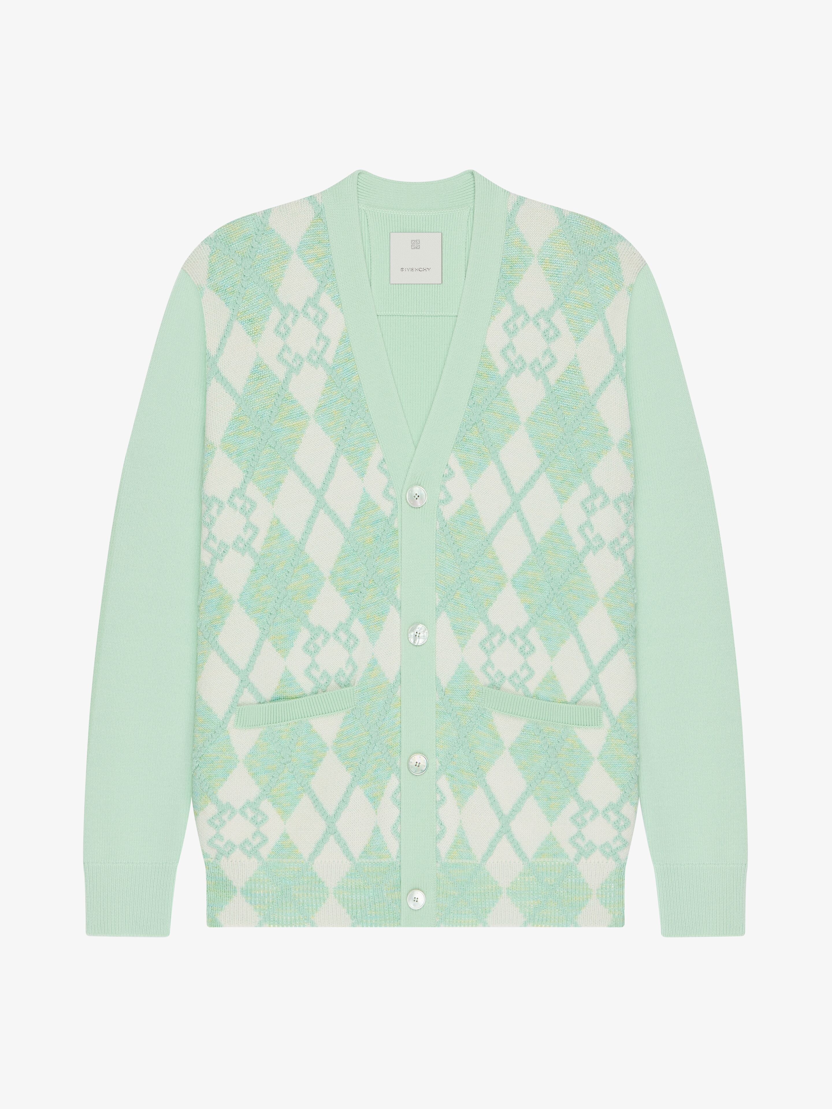 Givenchy Cardigan En Laine Argyle Monogramme 72 In Aqua Green