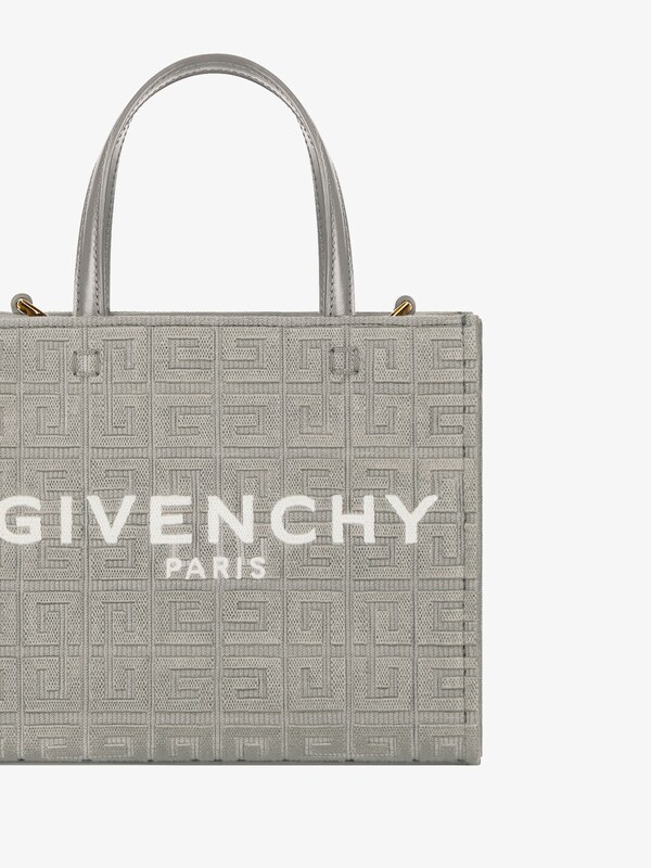 Mini G Tote shopping bag in 4G embroidered canvas stone grey