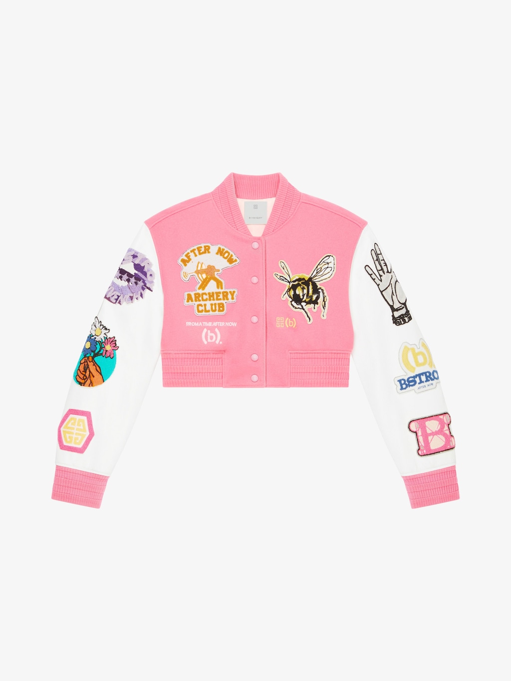 Cropped varsity jacket in embroidered wool with leather sleeves - pink