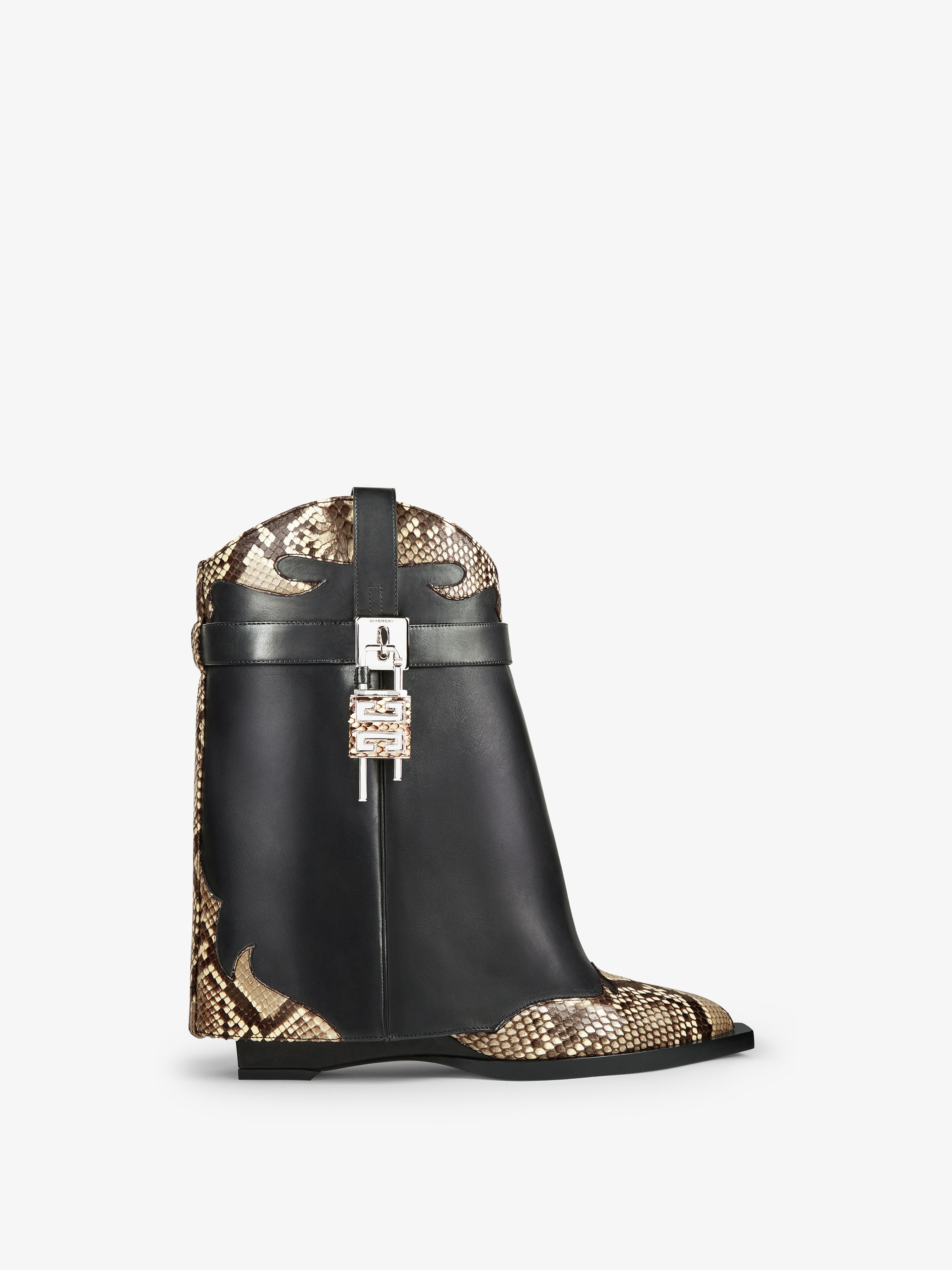 Givenchy Women's Shark Lock Cowboy Ankle Boots In Leather And Python In Black Beige