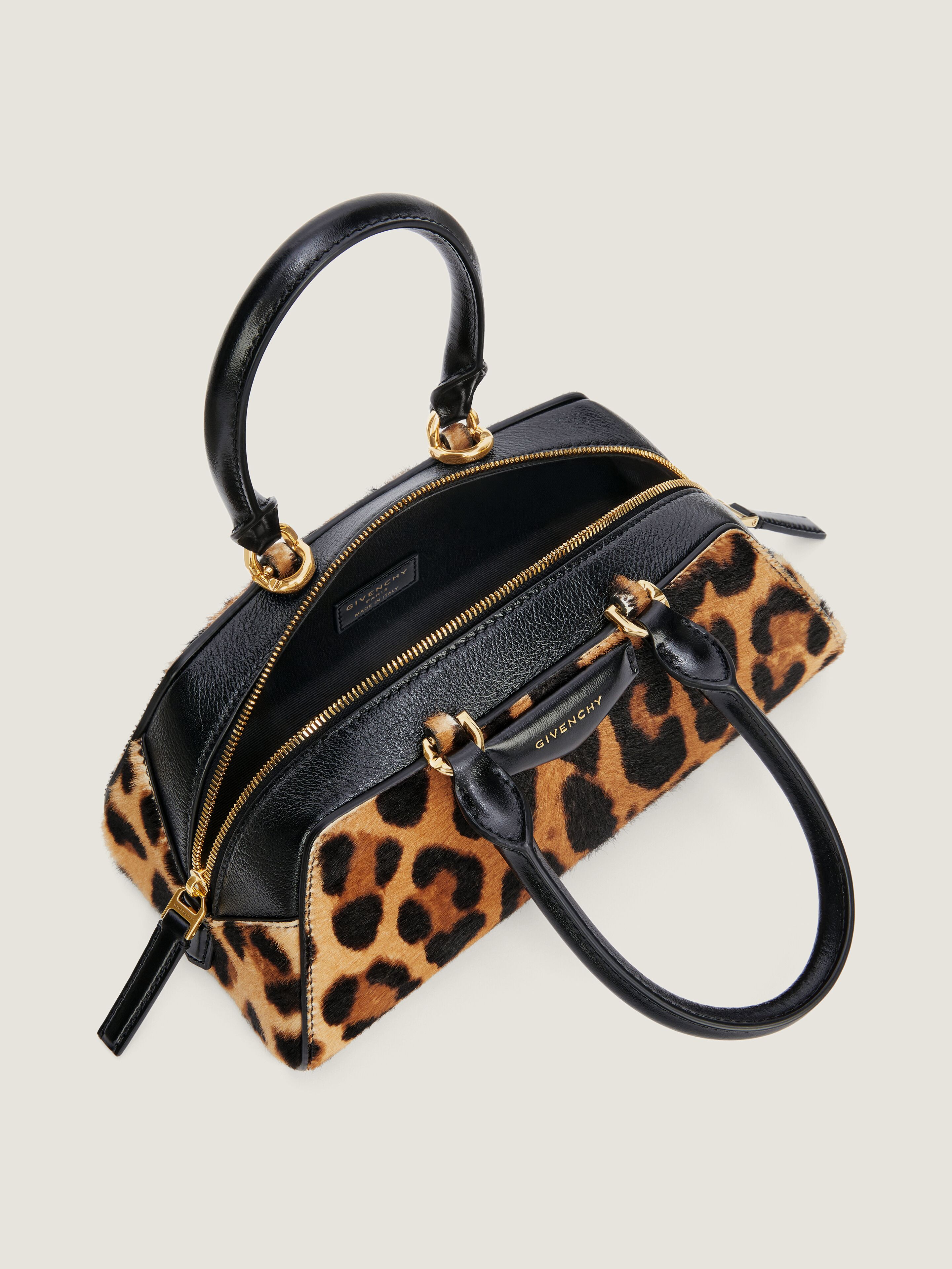 Mini Antigona East-West bag in leather with leopard print in