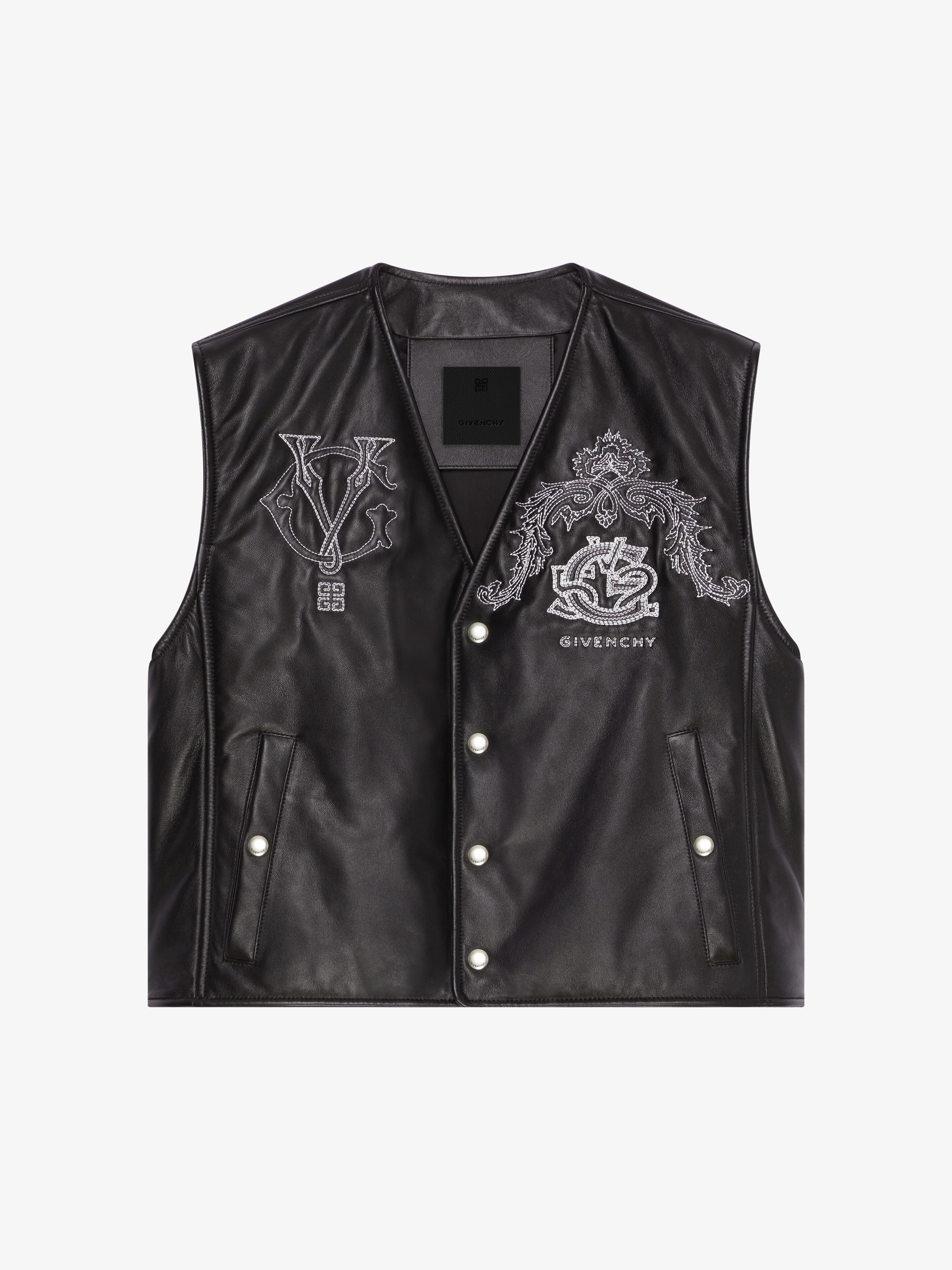 Shop Givenchy Crest Waistcoat In Embroidered Leather In Black/white