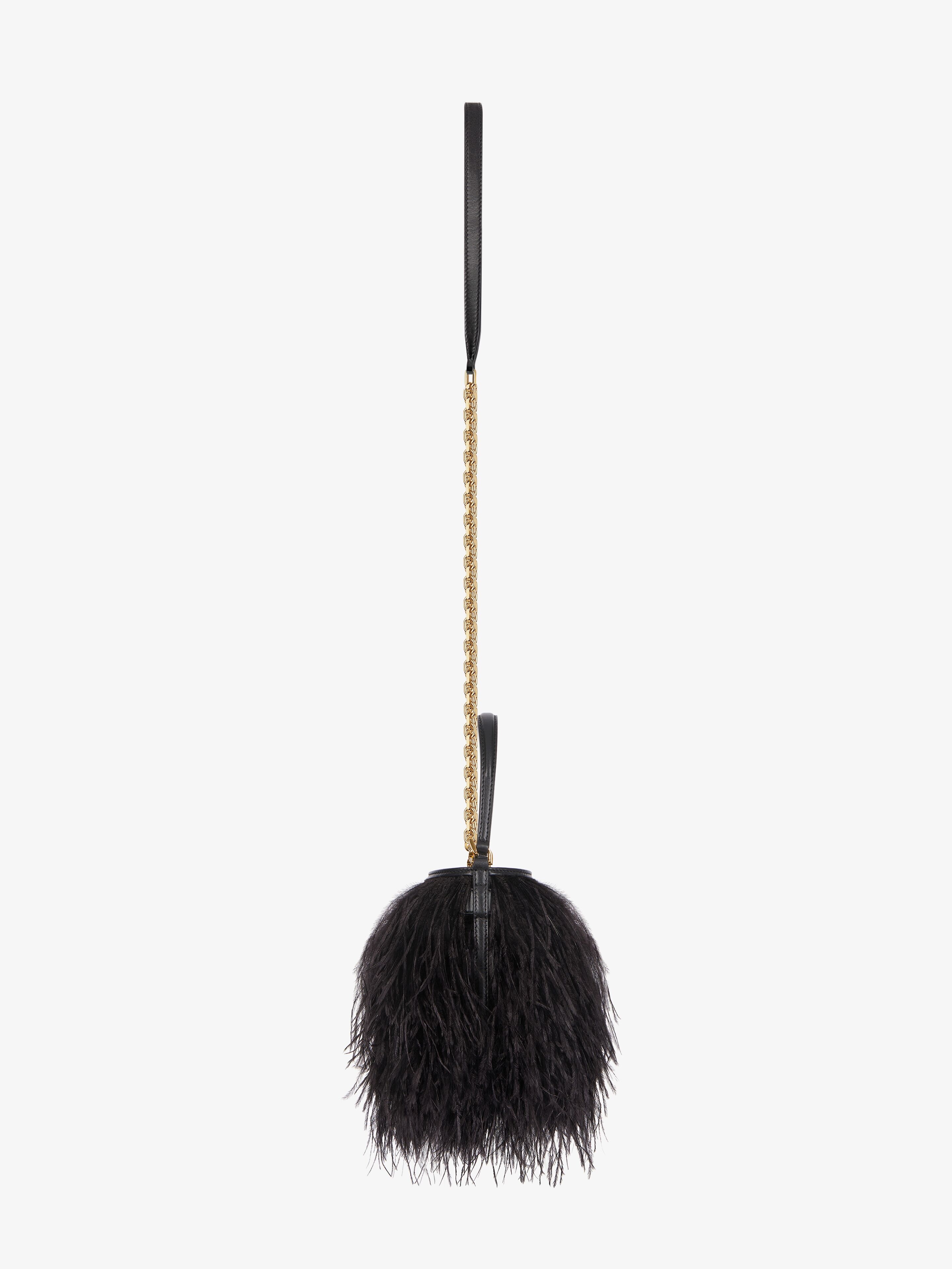 Micro Shark Lock bucket bag in satin with feathers in Micro Shark Lock bucket bag in satin with feathers in