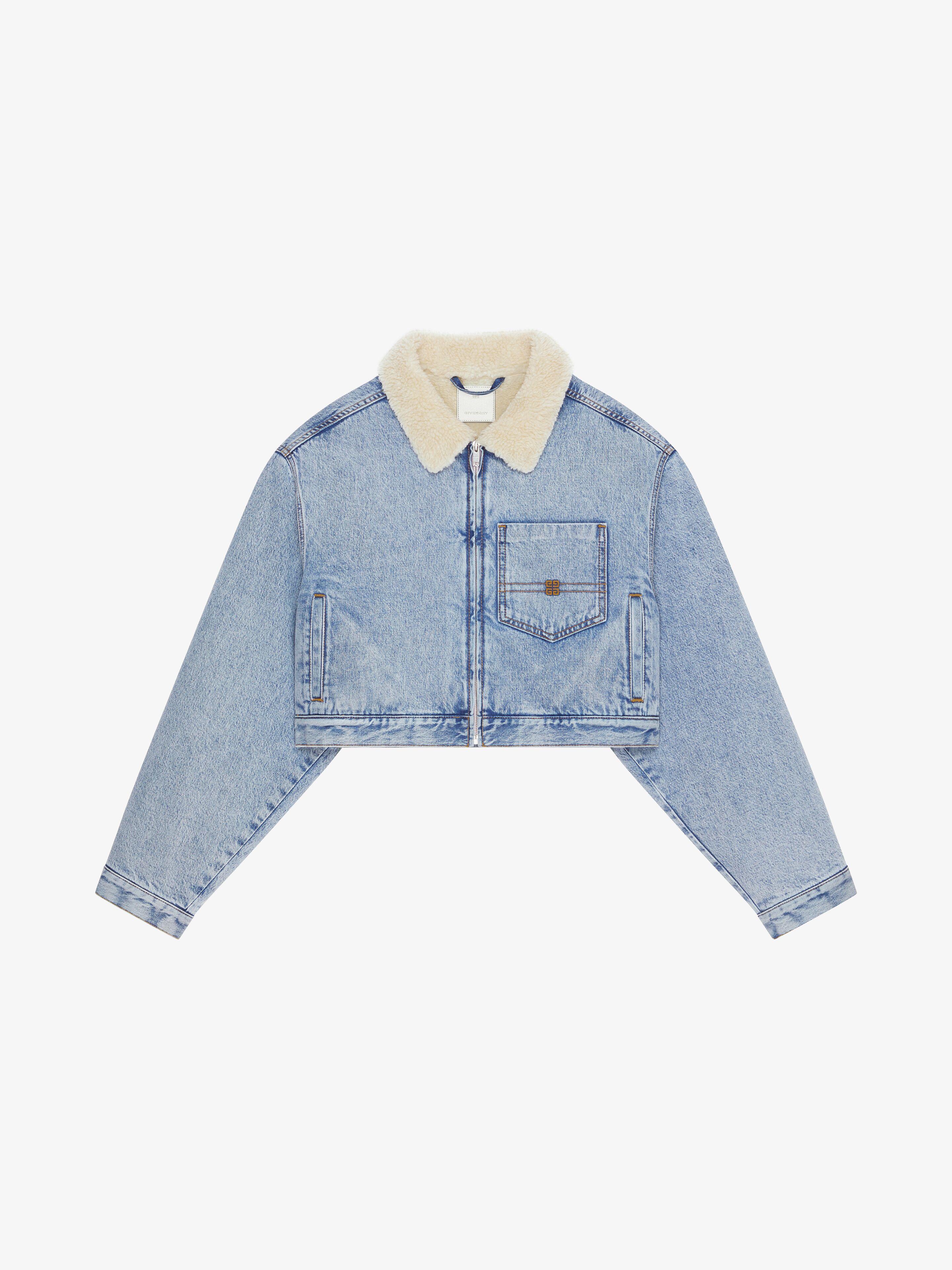 Shop Givenchy Cropped Jacket In Denim And Shearling-effect Collar In Light Blue