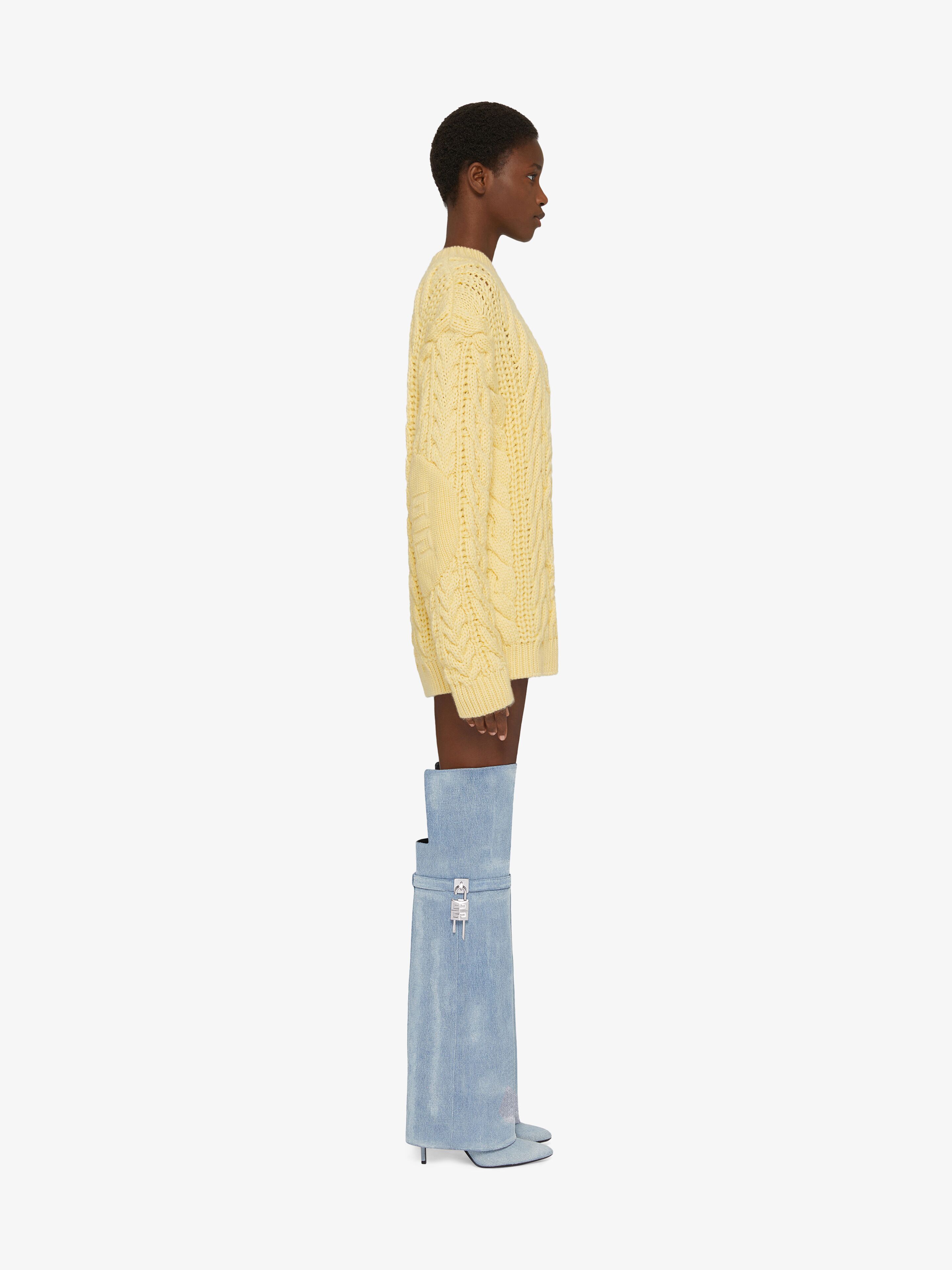 Shark Lock Stiletto over-the-knee boots in washed denim in