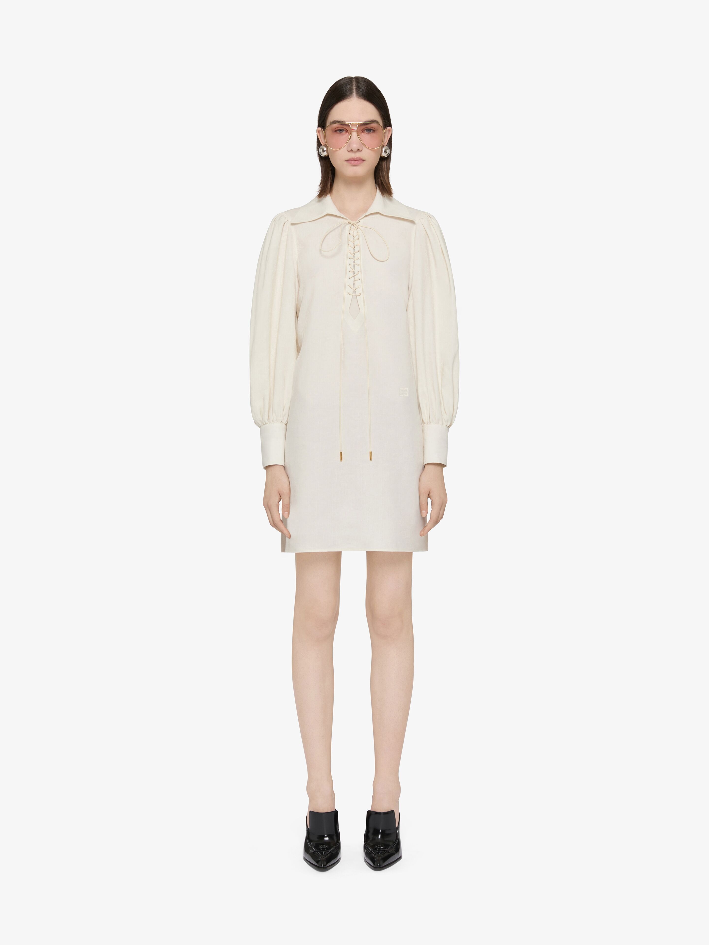 Shirt dress in linen with laces and 4G embroidery in - off Shirt dress in linen with laces and 4G embroidery in - off