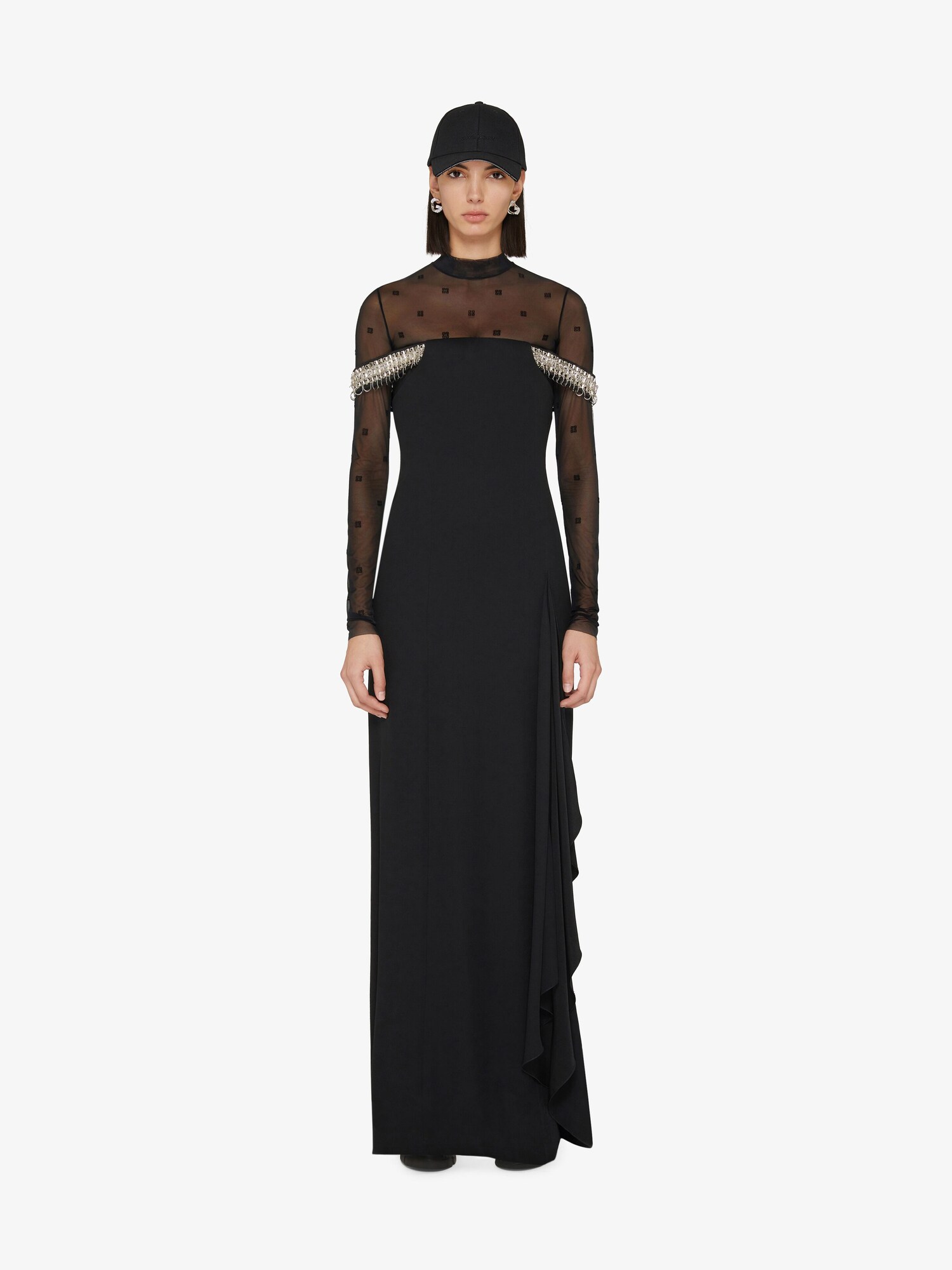 givenchy.com | Off shoulder dress with metallic embroidery