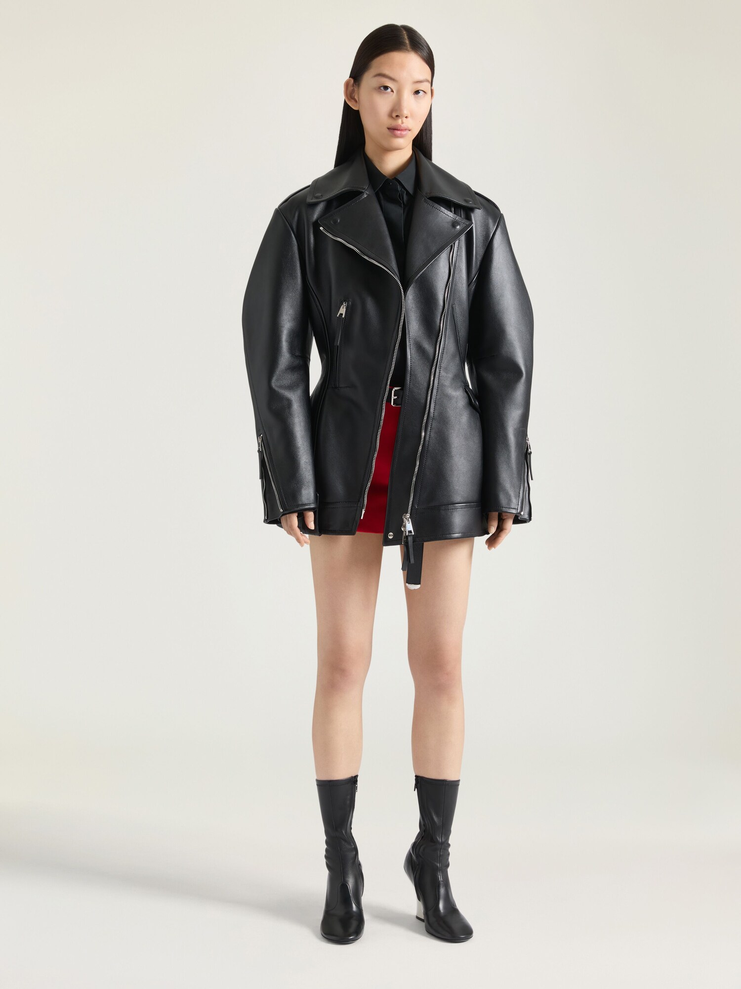 Cinched biker jacket in leather
